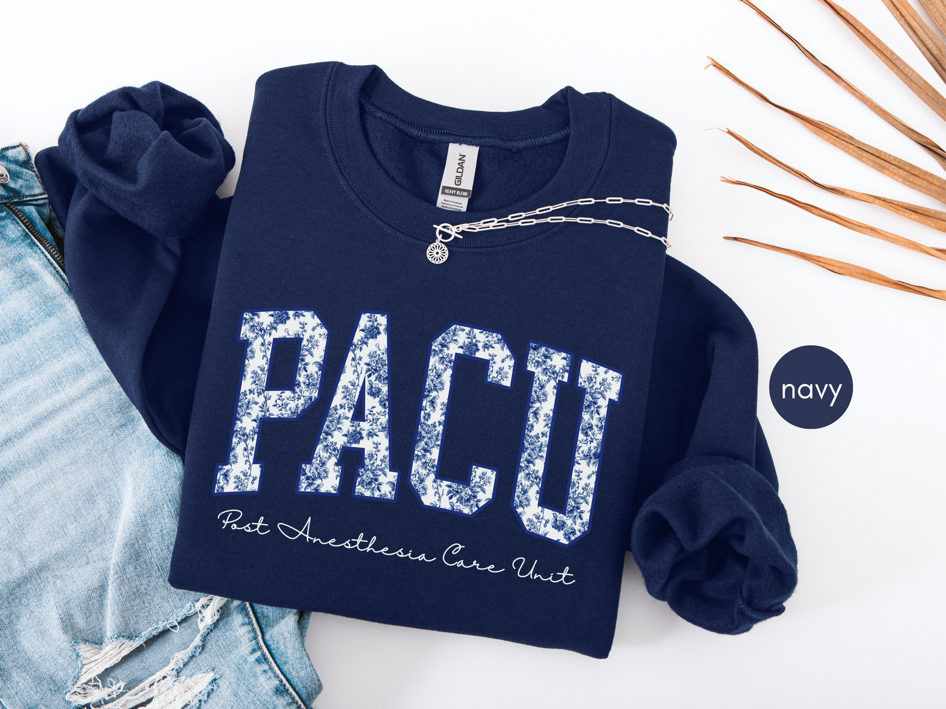 Folded PACU nurse sweatshirt navy blue