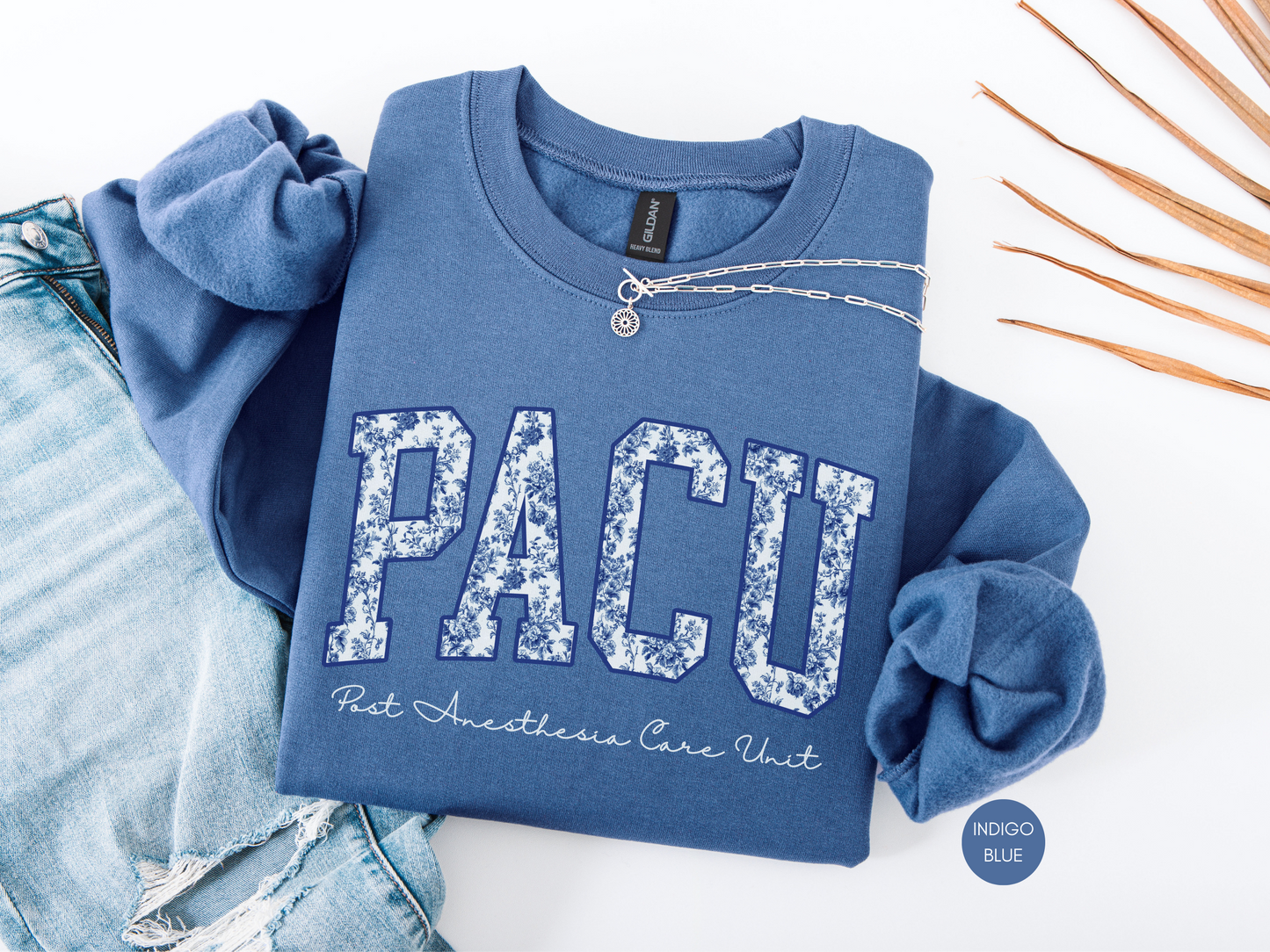 PACU nurse sweatshirt with blue toile design, post anesthesia care unit medical apparel
