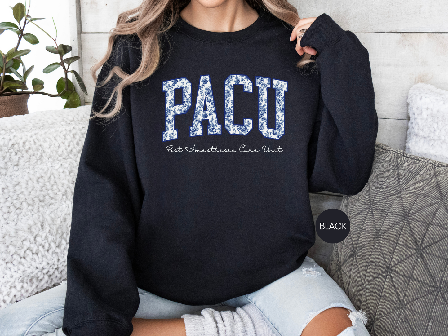 PACU Nurse Sweatshirt – Post Anesthesia Care Unit Blue Toile Design