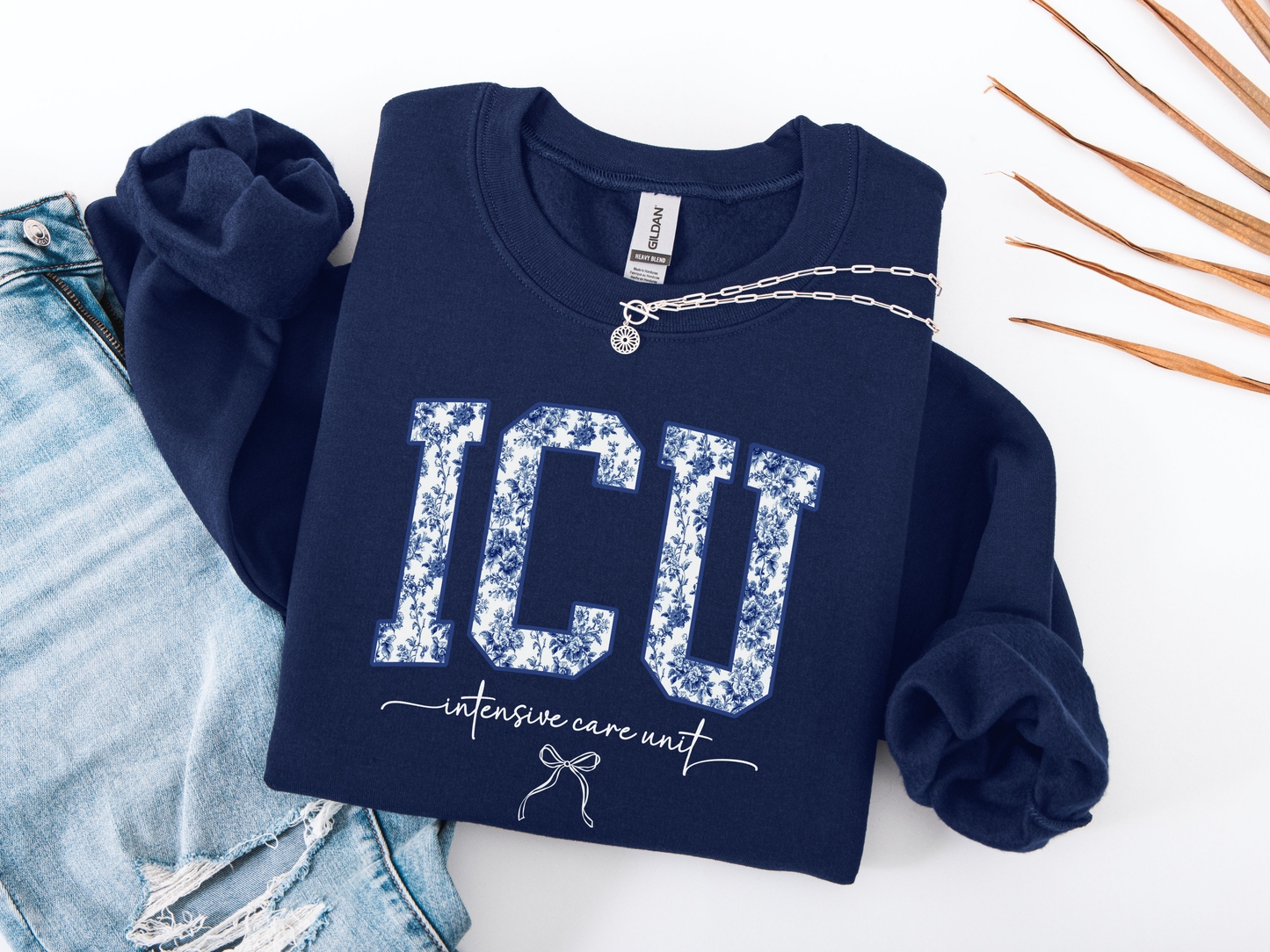 
ICU Intensive Care Unit nurse sweatshirt navy blue with blue toile design

