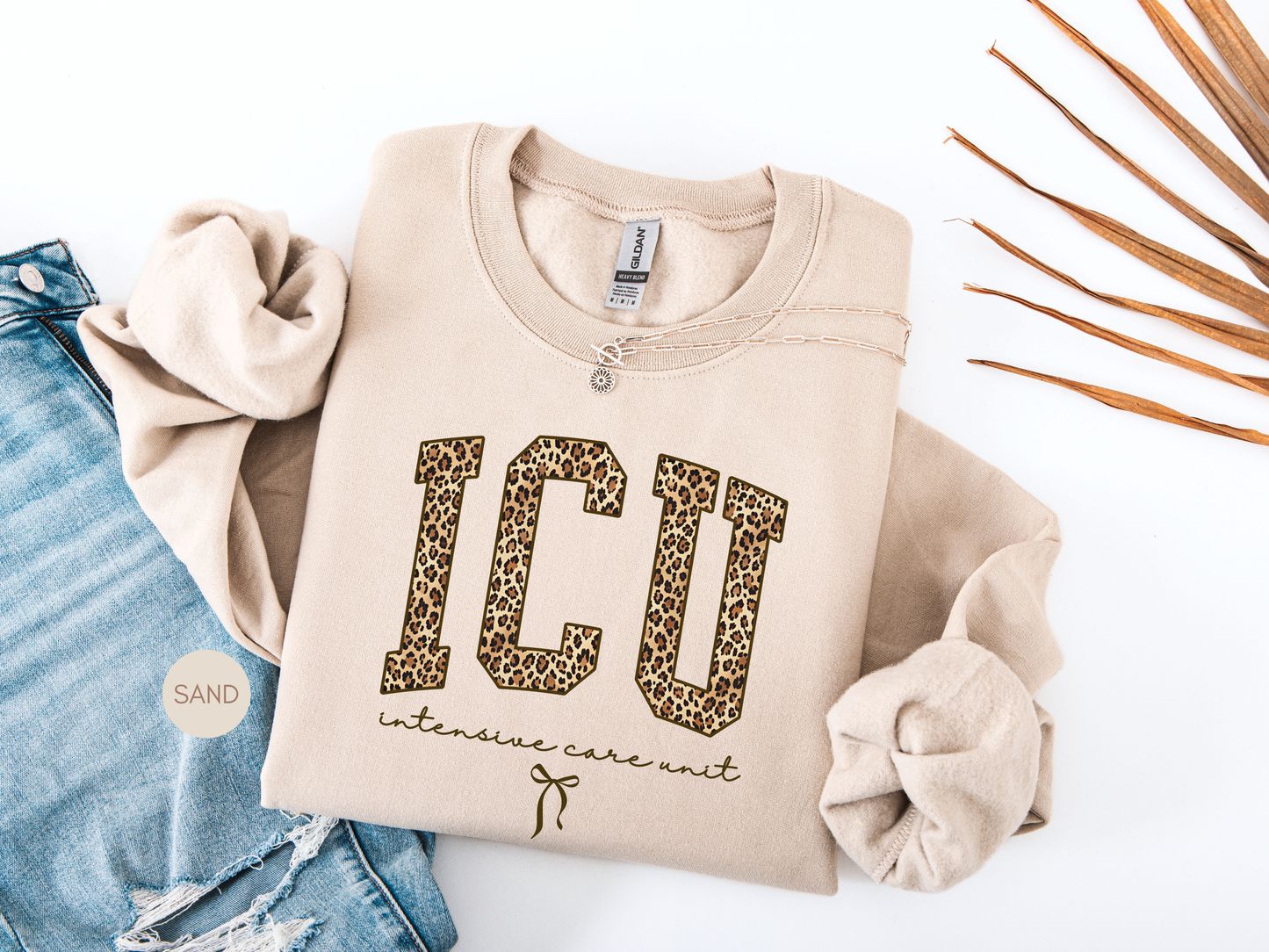 ICU leopard print sweatshirt for Intensive Care Unit nurses, cozy unisex crewneck