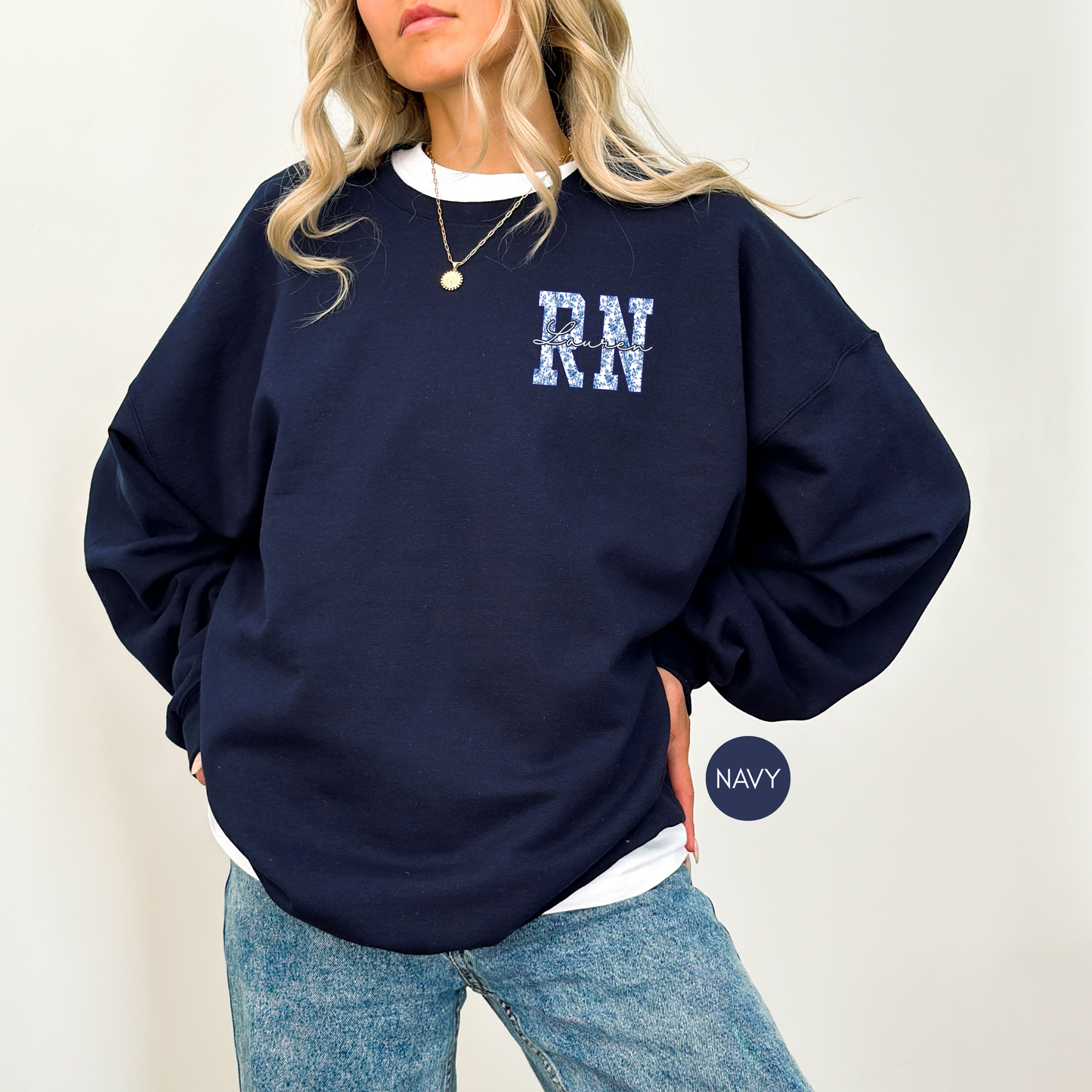 Custom RN Sweatshirt – Blue Toile Registered Nurse Crewneck