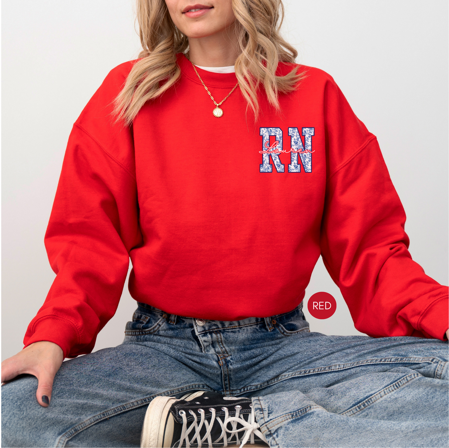 Custom RN Sweatshirt – Blue Toile Registered Nurse Crewneck