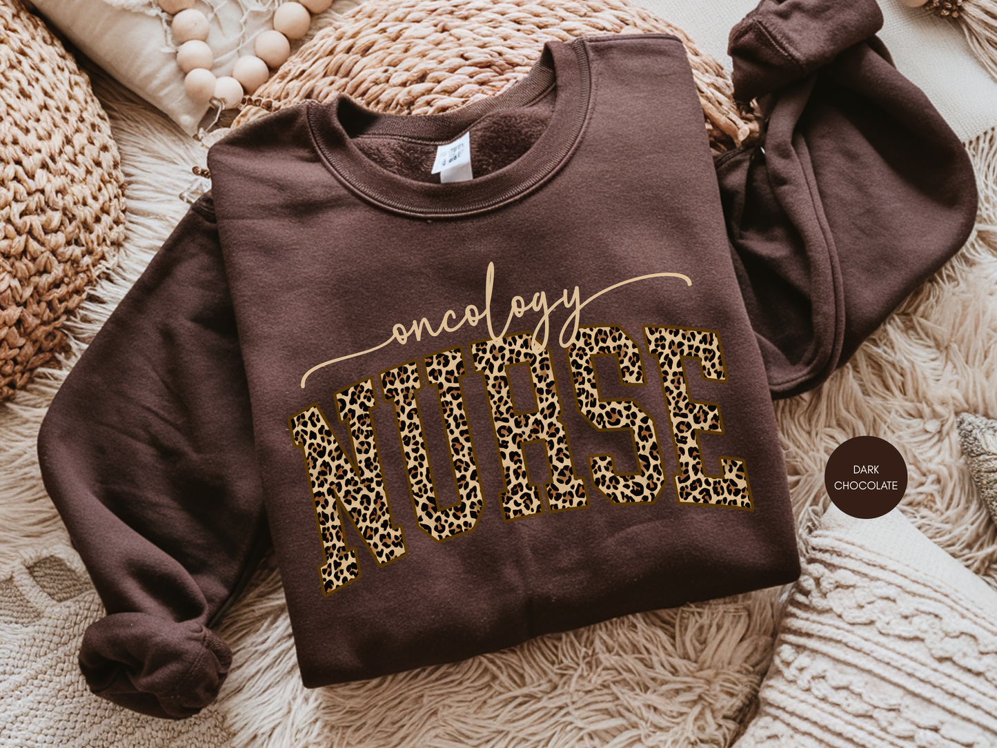 Oncology nurse leopard print sweatshirt in dark chocolate color flat lay
