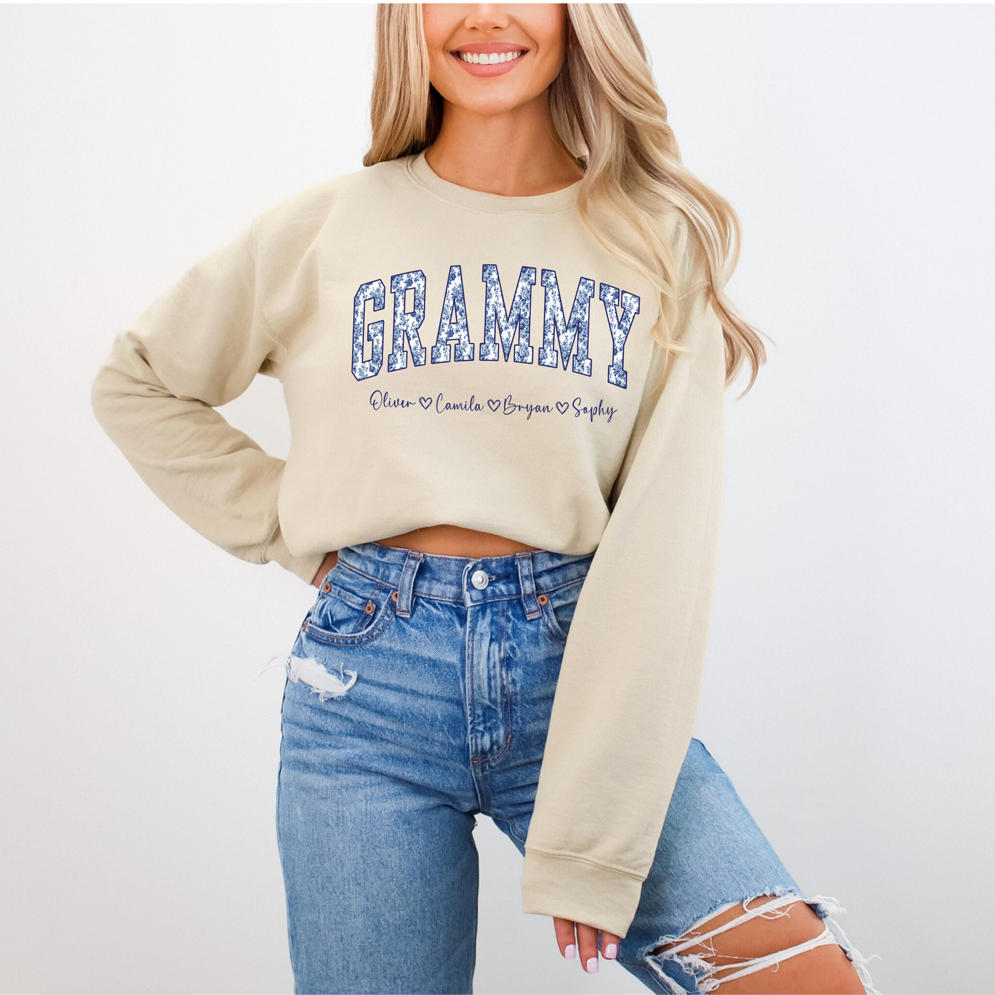 Personalized Grammy Sweatshirt with Grandkids Names – Custom Grandma Gift – Blue Toile Grandma Crewneck