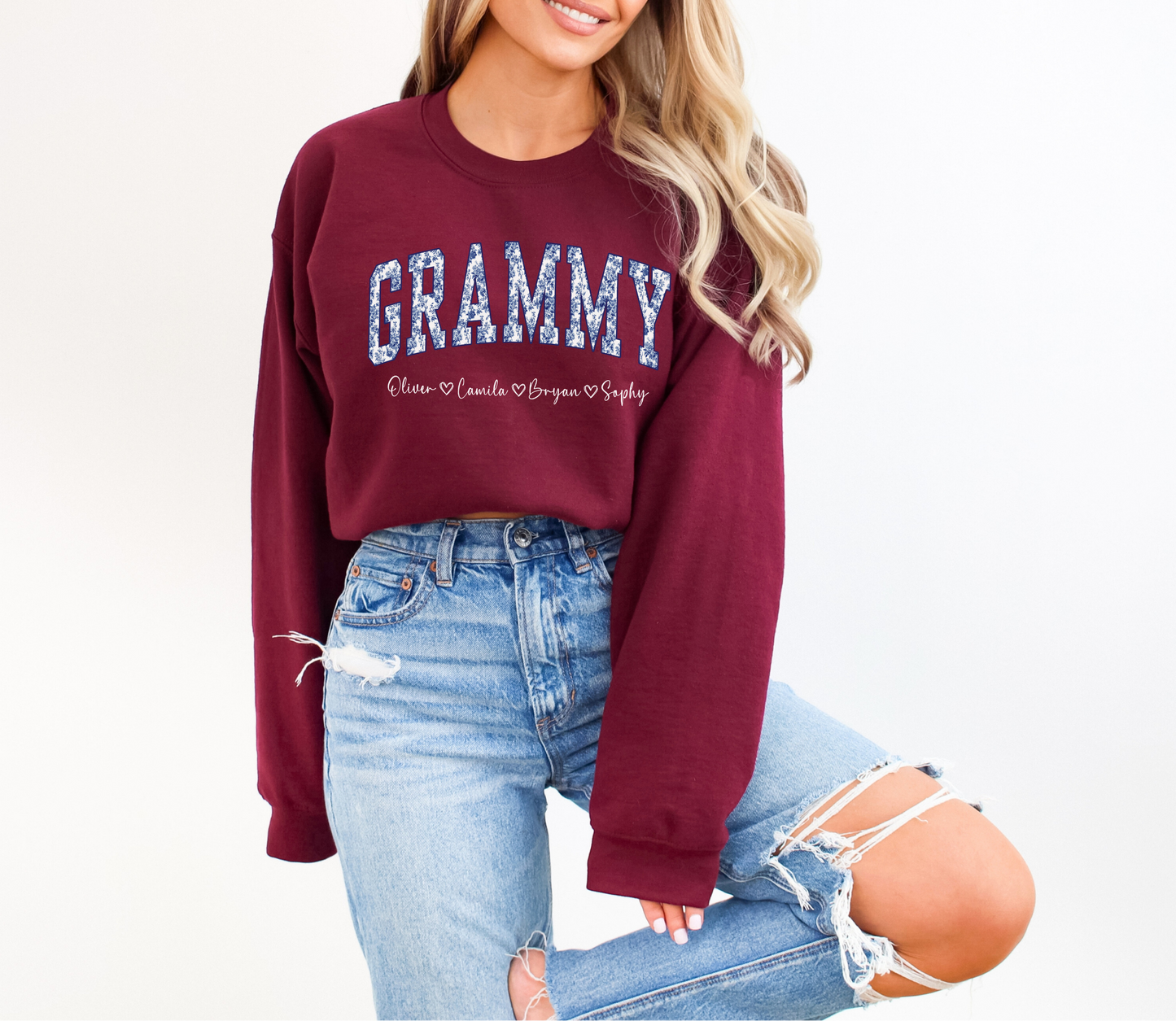 Personalized Grammy Sweatshirt with Grandkids Names – Custom Grandma Gift – Blue Toile Grandma Crewneck