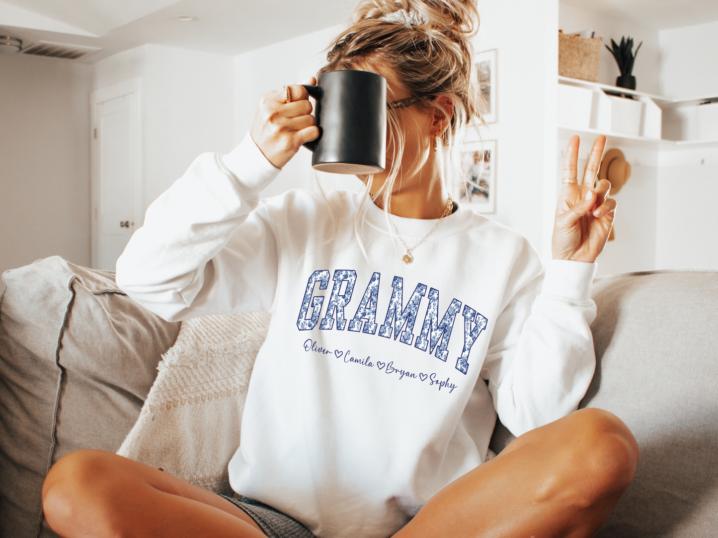 Personalized Grammy Sweatshirt with Grandkids Names – Custom Grandma Gift – Blue Toile Grandma Crewneck