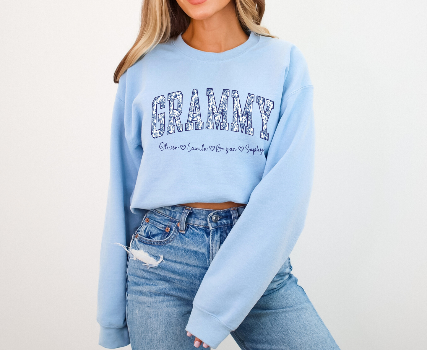 Personalized Grammy Sweatshirt with Grandkids Names – Custom Grandma Gift – Blue Toile Grandma Crewneck