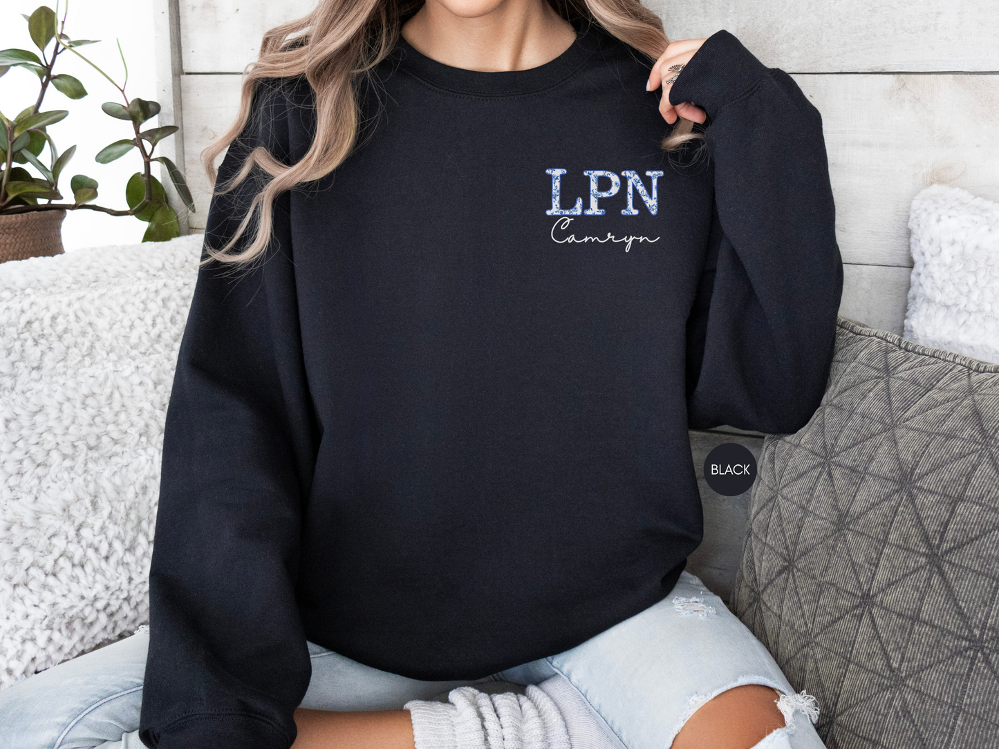 Personalized LPN Sweatshirt – Blue Toile Nurse Crewneck
