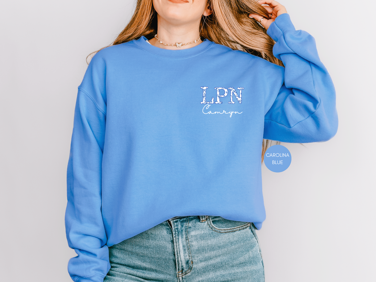 Personalized LPN Sweatshirt – Blue Toile Nurse Crewneck