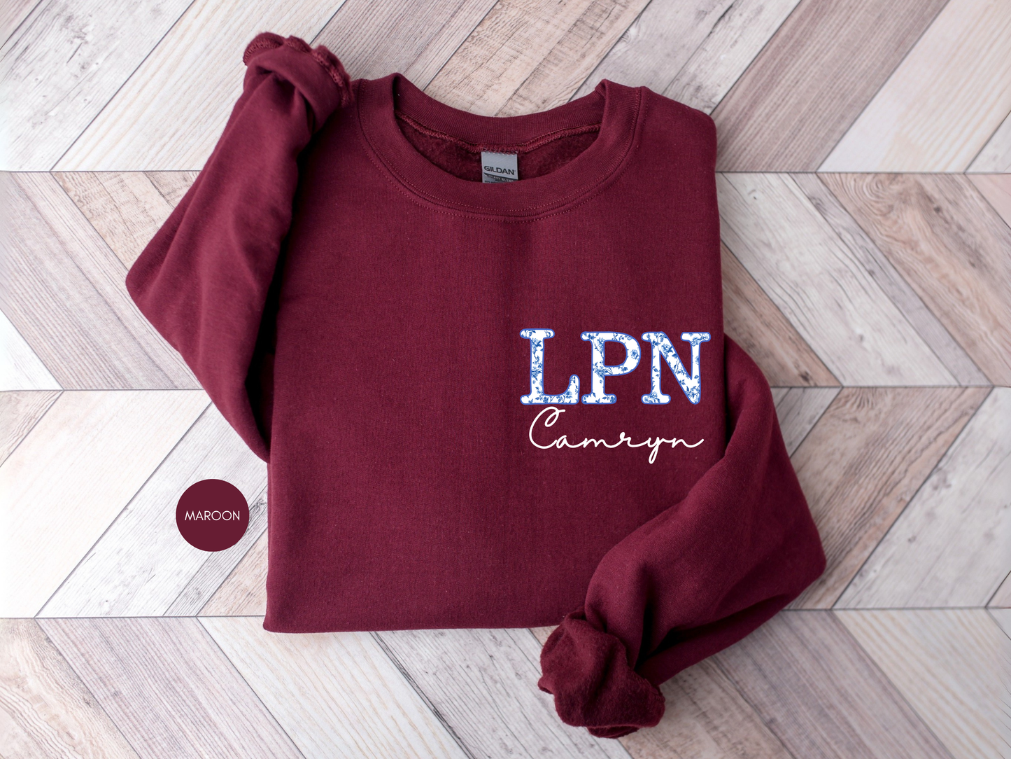 Personalized LPN Sweatshirt – Blue Toile Nurse Crewneck