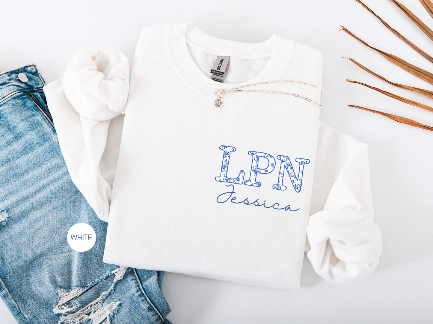 Personalized LPN Sweatshirt – Blue Toile Nurse Crewneck