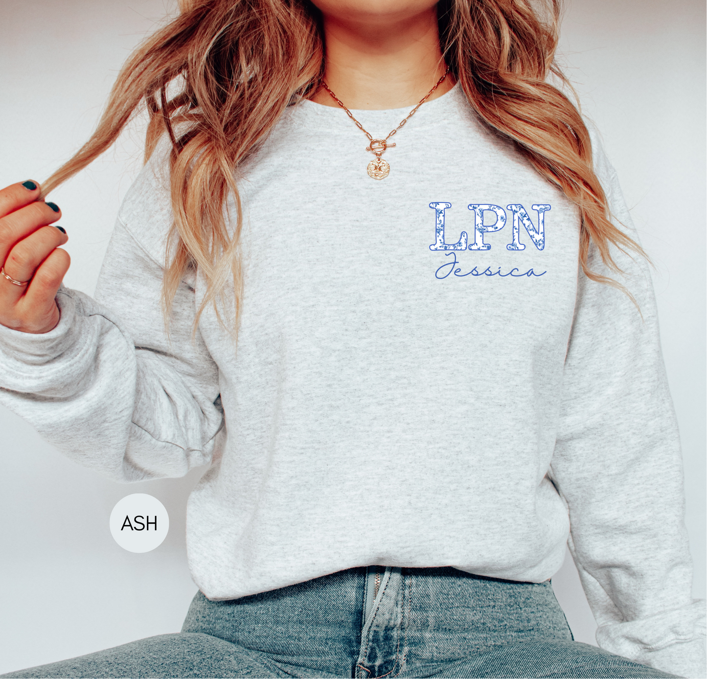 Personalized LPN Sweatshirt – Blue Toile Nurse Crewneck