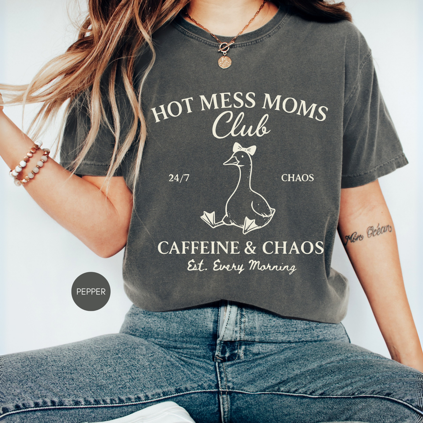 Hot Mess Moms Club Shirt – Caffeine & Chaos Goose Tee