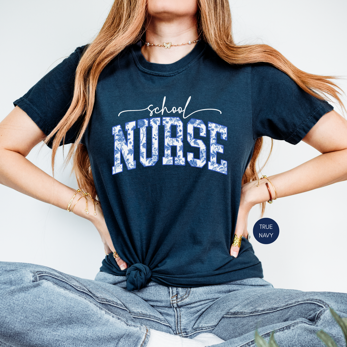 School Nurse Blue Toile Varsity Shirt – Vintage Nurse Graphic Tee