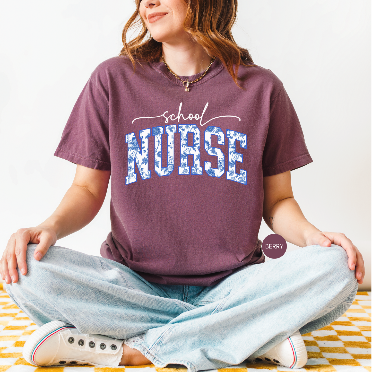 School Nurse Blue Toile Varsity Shirt – Vintage Nurse Graphic Tee