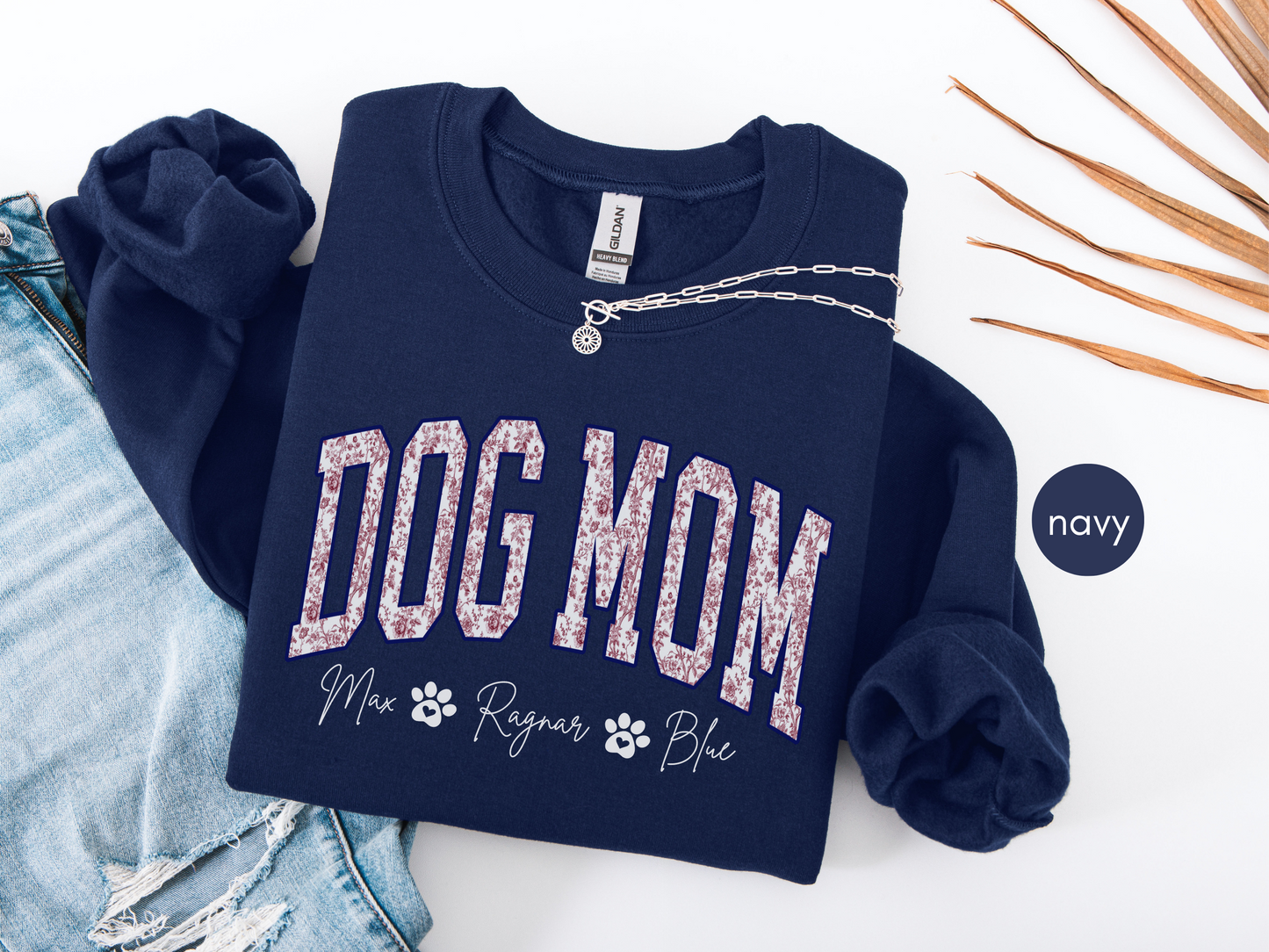 Custom dog mom sweatshirt featuring blue floral toile design with personalized dog names
