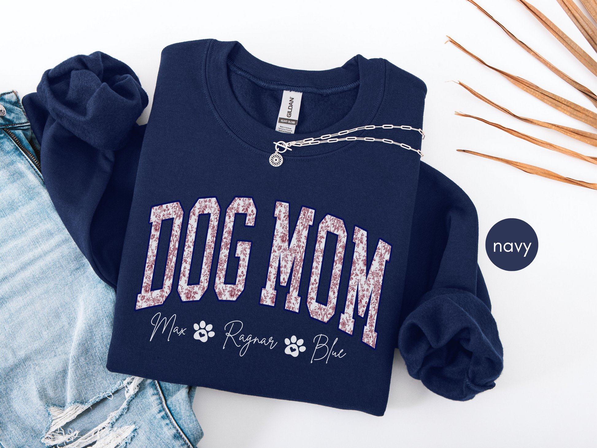 Custom dog mom sweatshirt featuring blue floral toile design with personalized dog names
