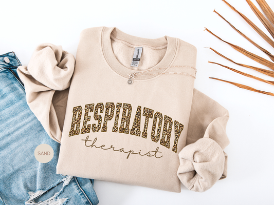 Respiratory therapist leopard print sweatshirt in sand color flat lay

