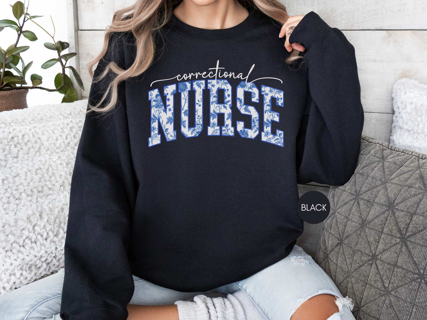 Correctional Nurse Sweatshirt – Navy Blue Floral Design