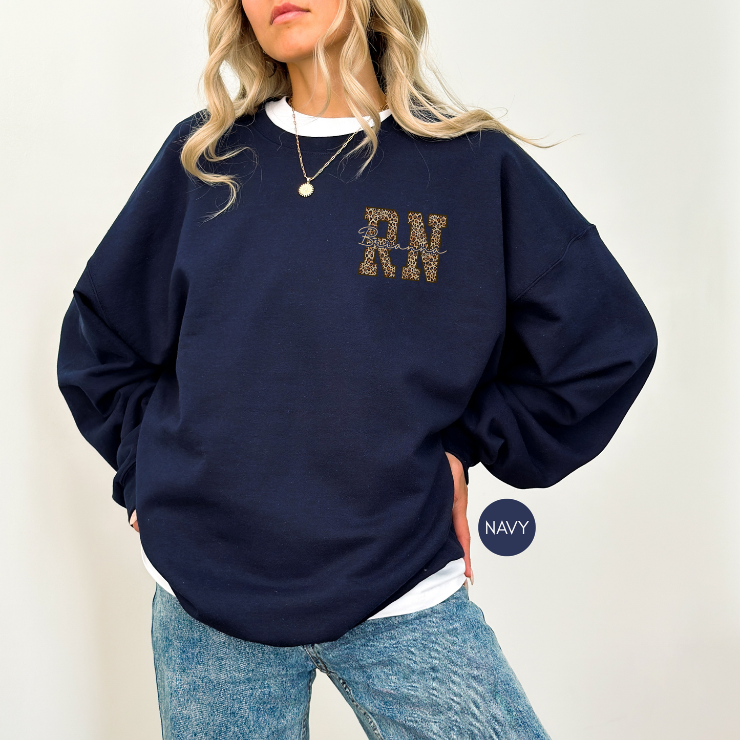 Personalized RN Leopard Sweatshirt – Custom Nurse Gift in Dark Chocolate