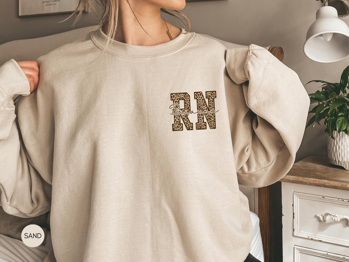 Personalized RN Leopard Sweatshirt – Custom Nurse Gift in Dark Chocolate