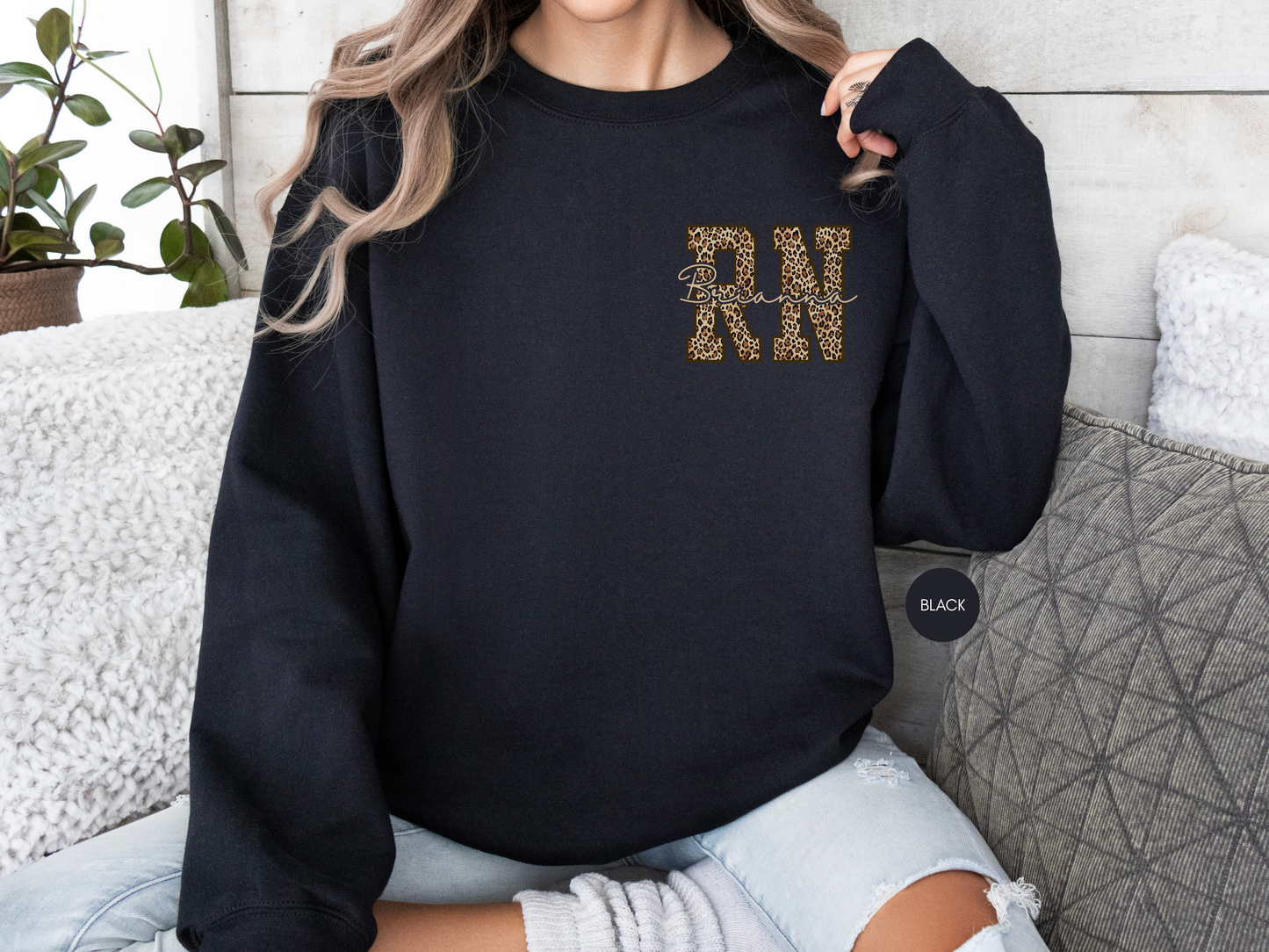 Personalized RN Leopard Sweatshirt – Custom Nurse Gift in Dark Chocolate