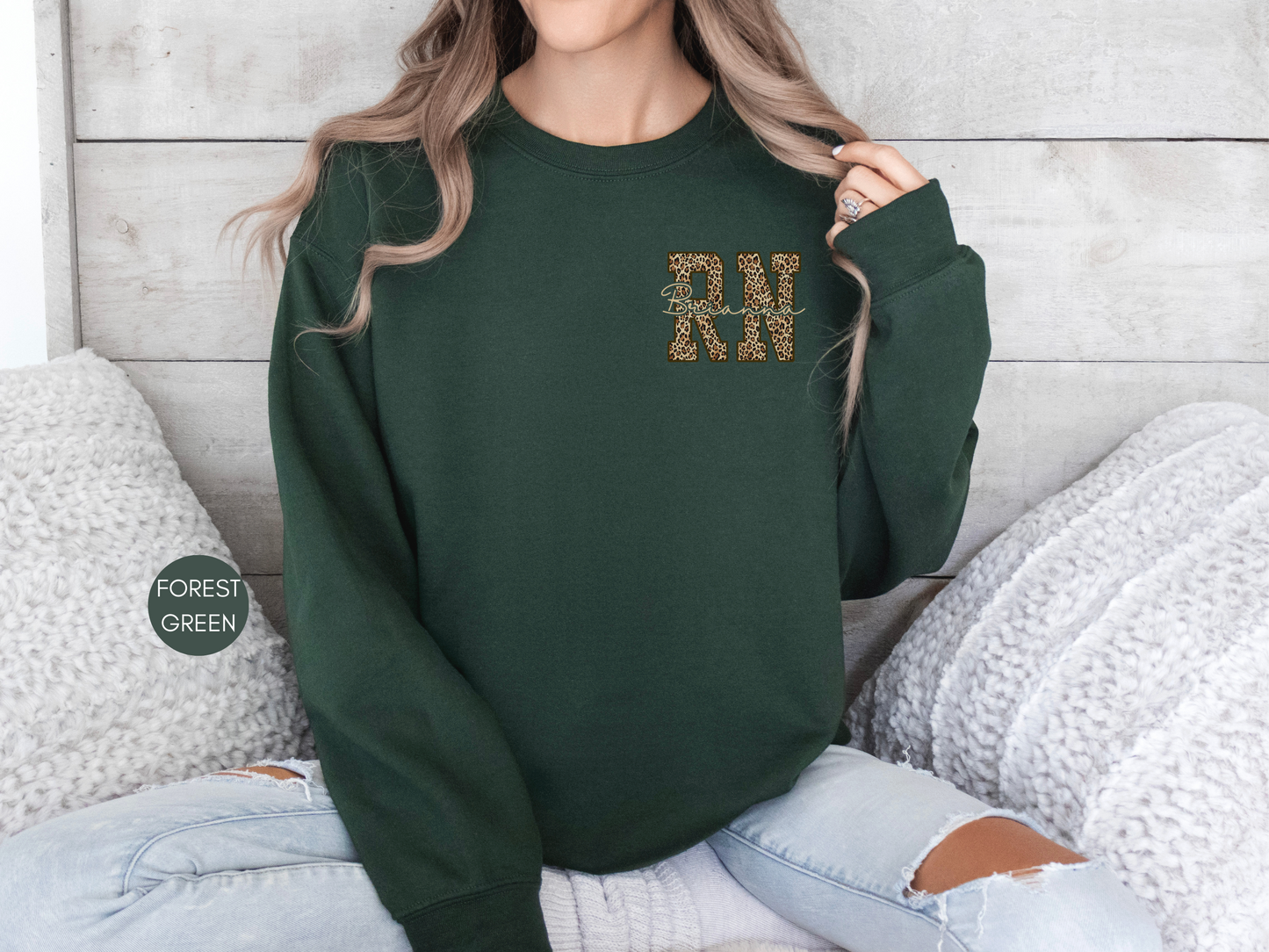 Personalized RN Leopard Sweatshirt – Custom Nurse Gift in Dark Chocolate