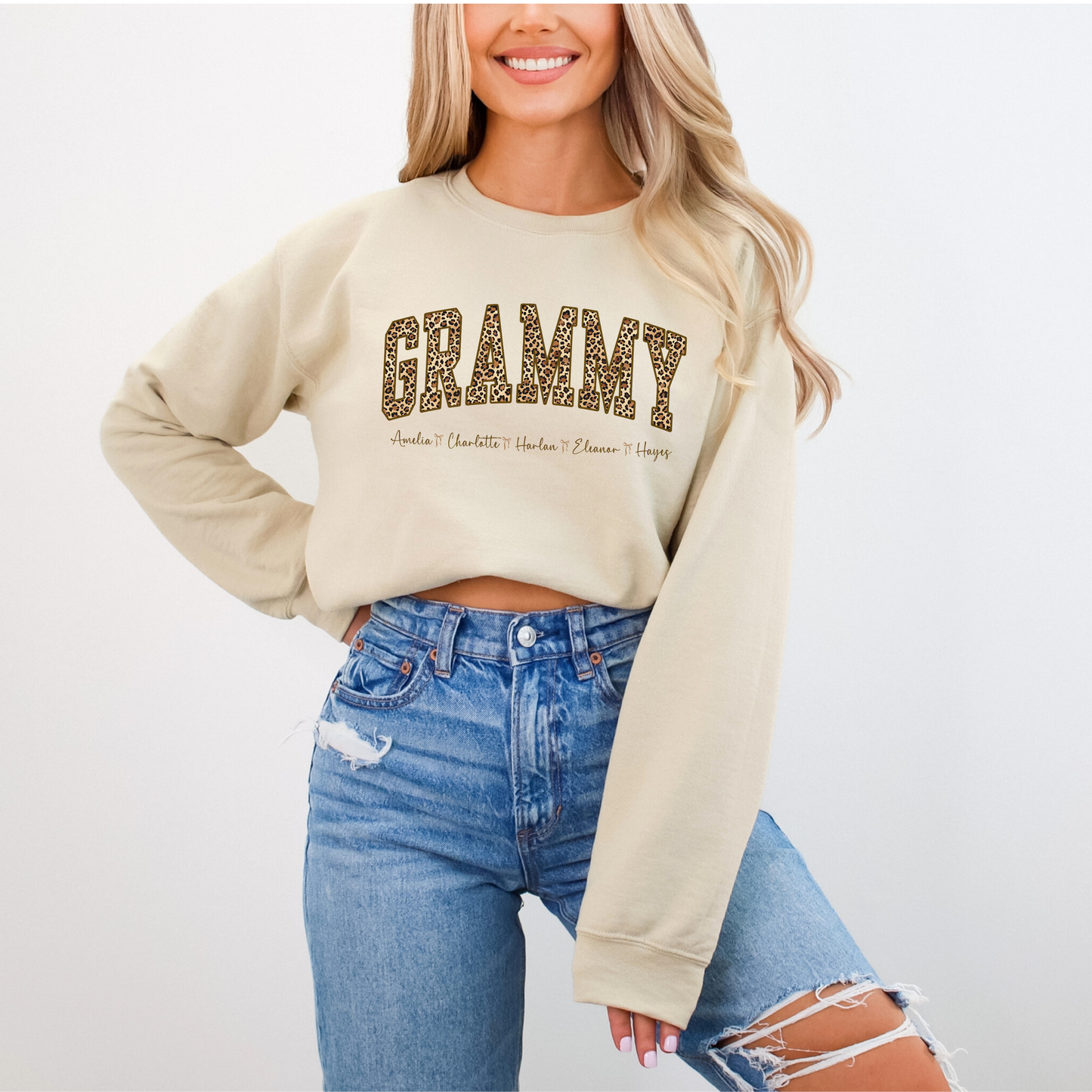 Personalized Grammy leopard sweatshirt with grandkids names, trendy custom grandma crewneck gift