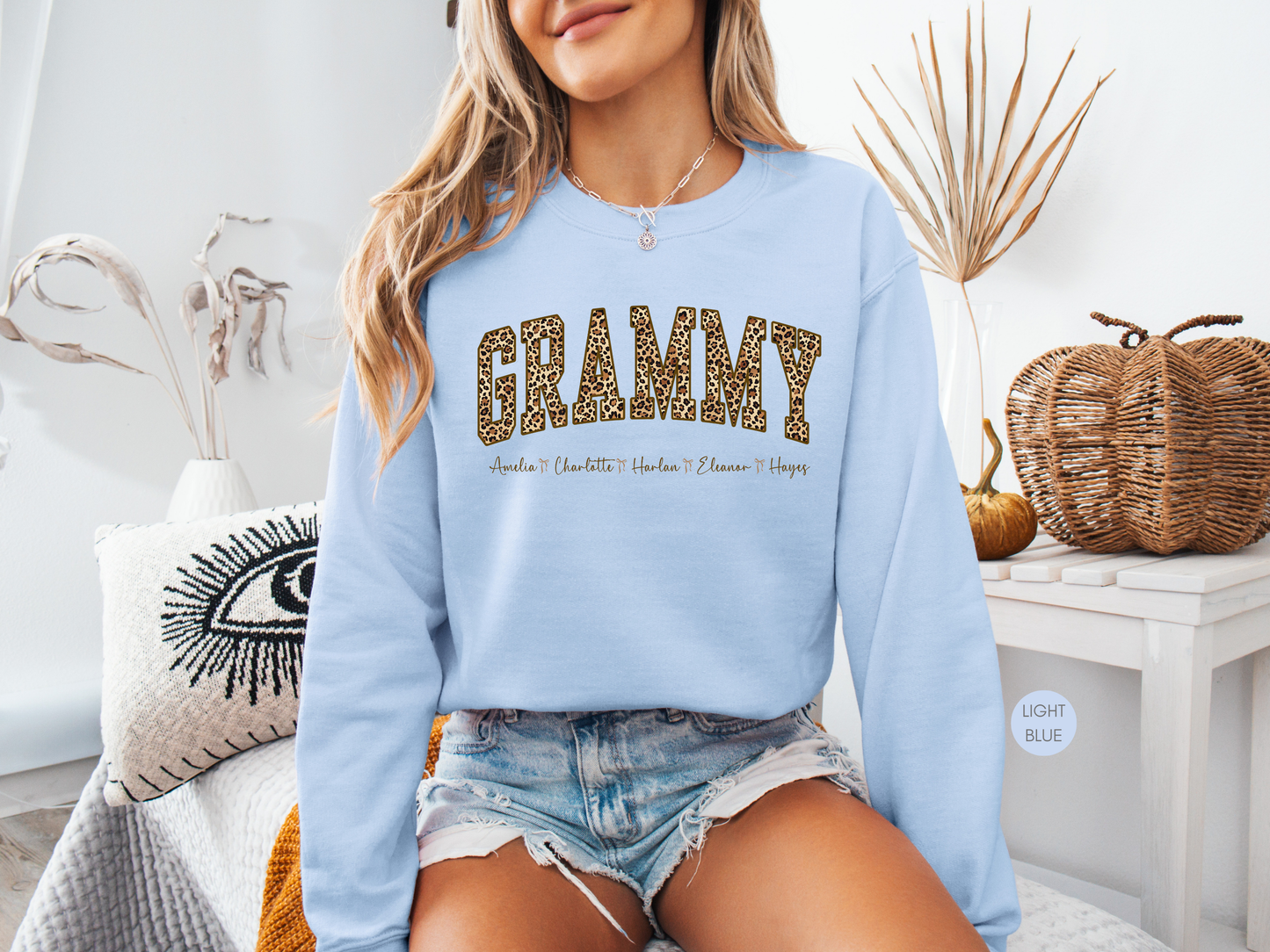 Personalized Grammy Leopard Sweatshirt with Grandkids Names – Custom Grandma Gift – Cozy Crewneck