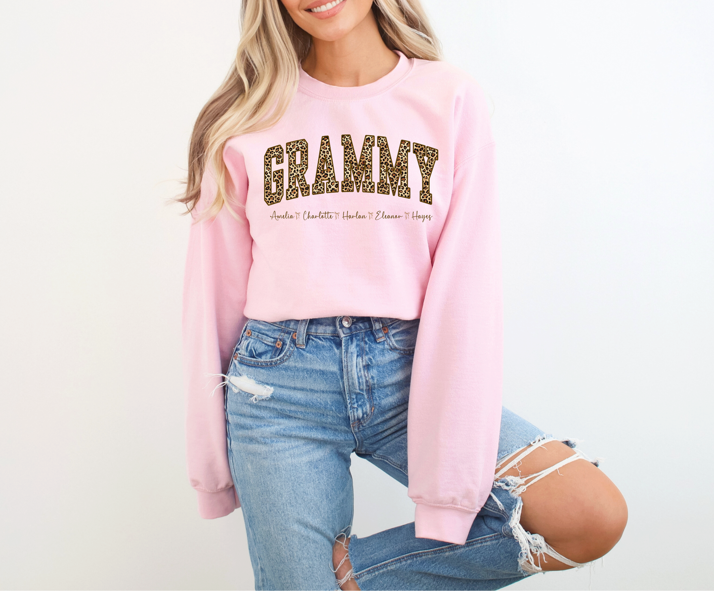Personalized Grammy Leopard Sweatshirt with Grandkids Names – Custom Grandma Gift – Cozy Crewneck