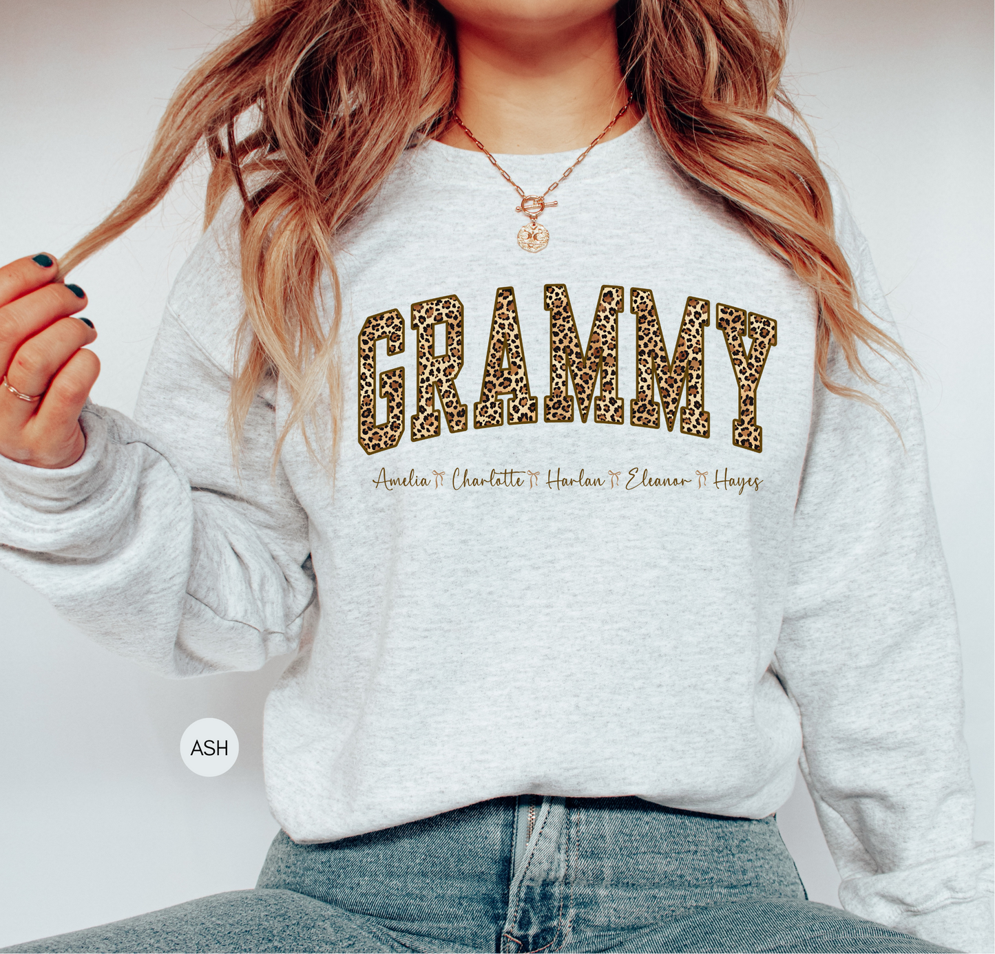 Personalized Grammy Leopard Sweatshirt with Grandkids Names – Custom Grandma Gift – Cozy Crewneck