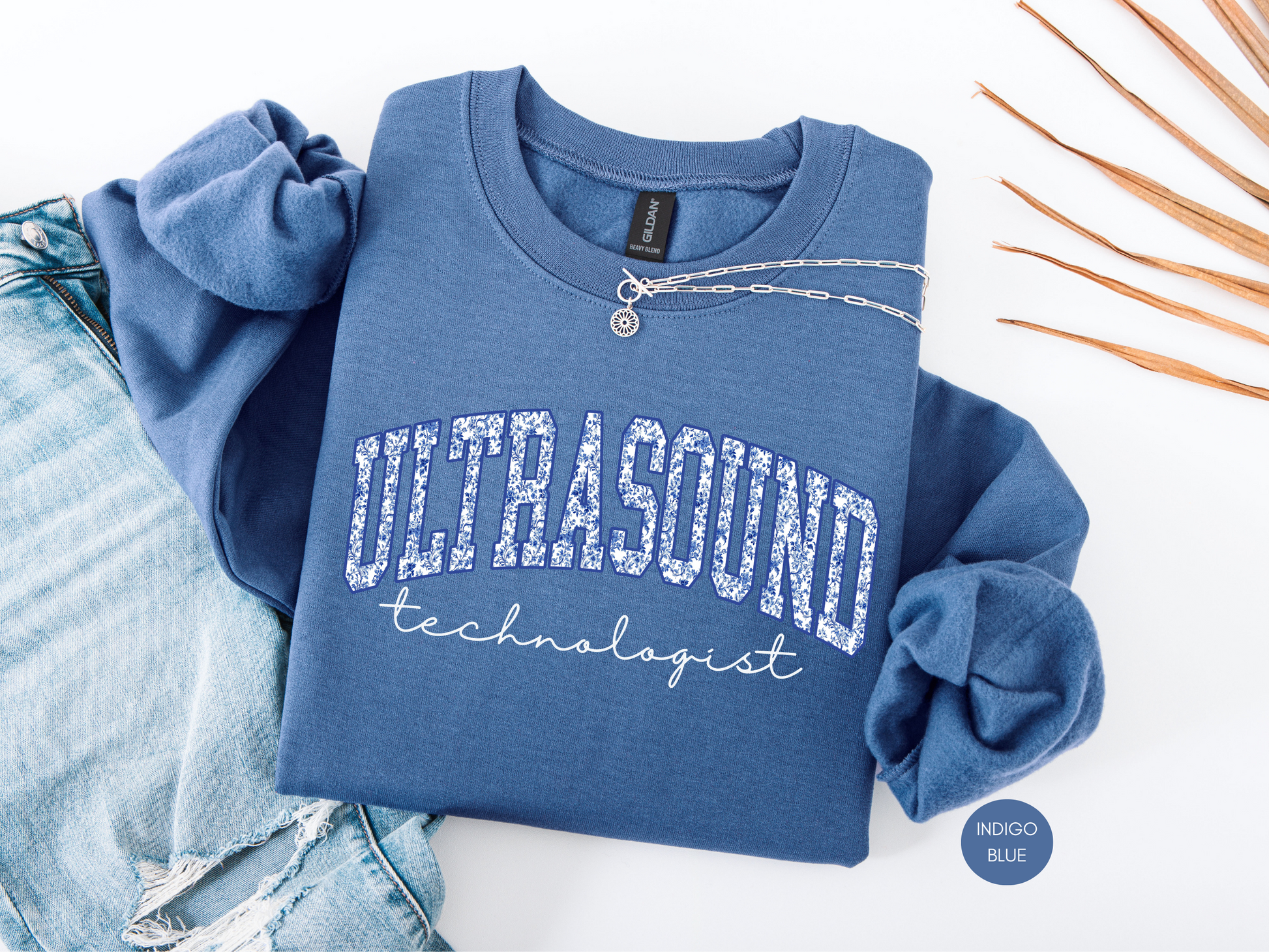 Ultrasound Technologist navy sweatshirt with collegiate design, medical sonographer apparel.