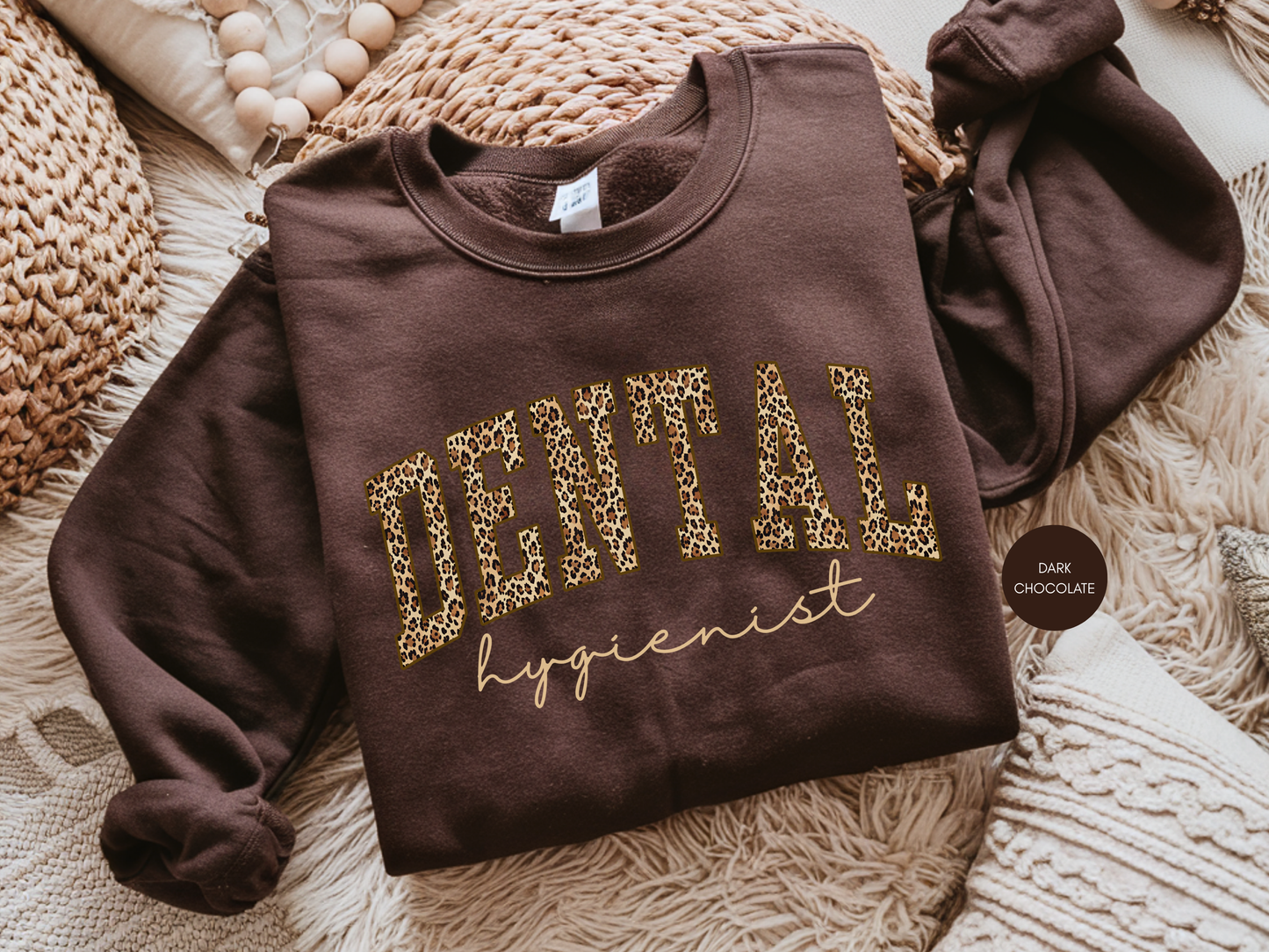 Dental hygienist leopard print sweatshirt in dark chocolate color flat lay
