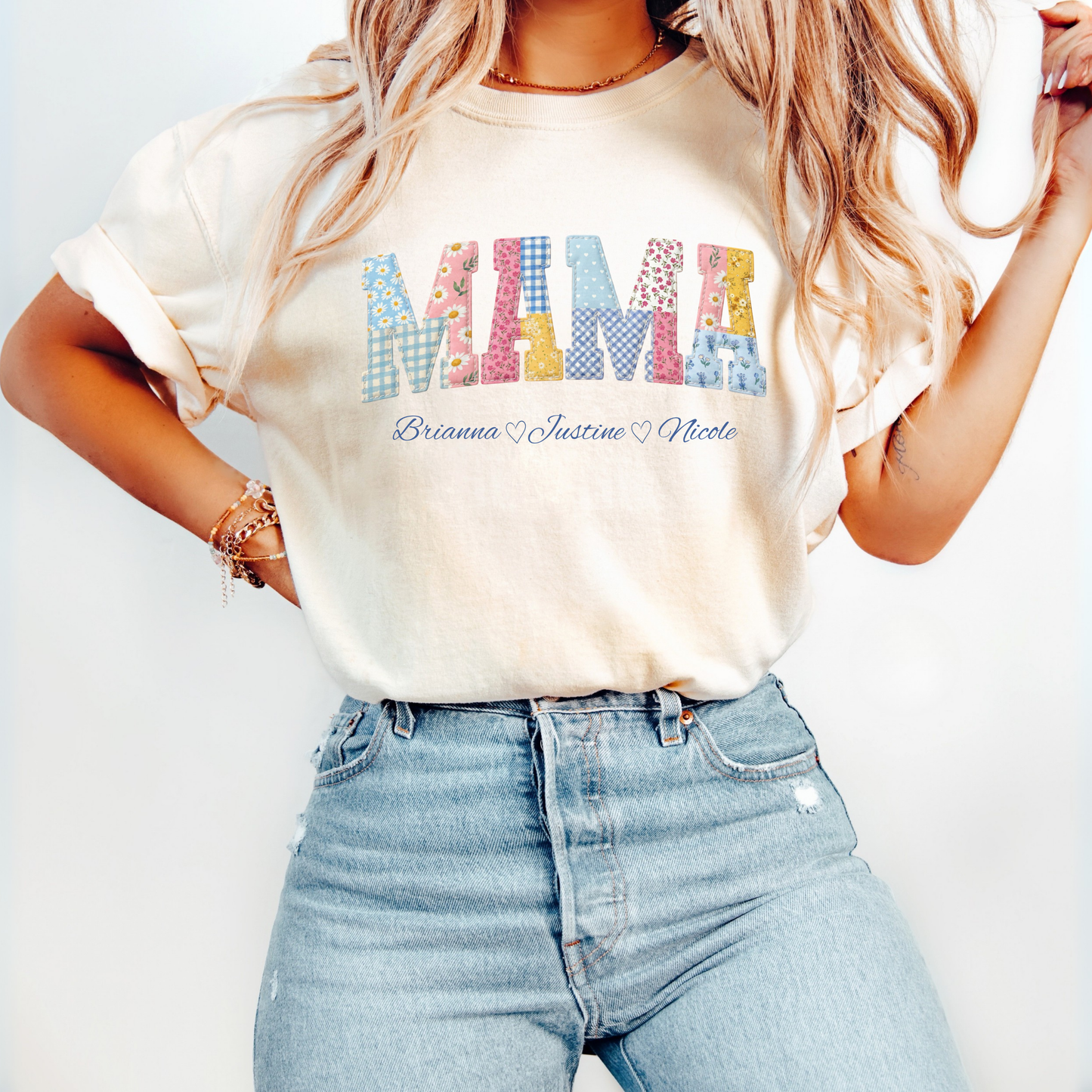 Personalized Mama Shirt with Names – Custom Patchwork Mom Gift