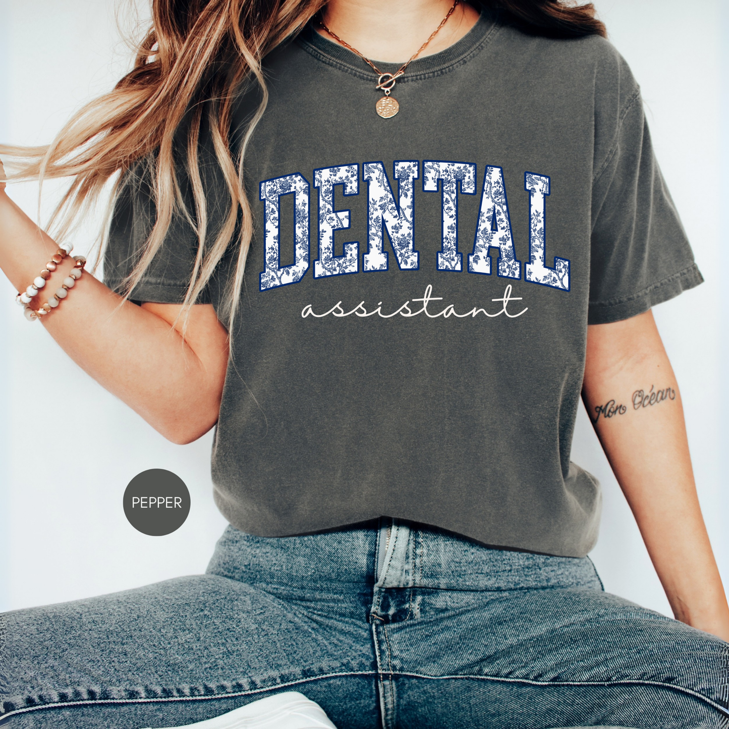 Dental Assistant Shirt – Cute Dental Office Tee for Women – Navy Collegiate Style
