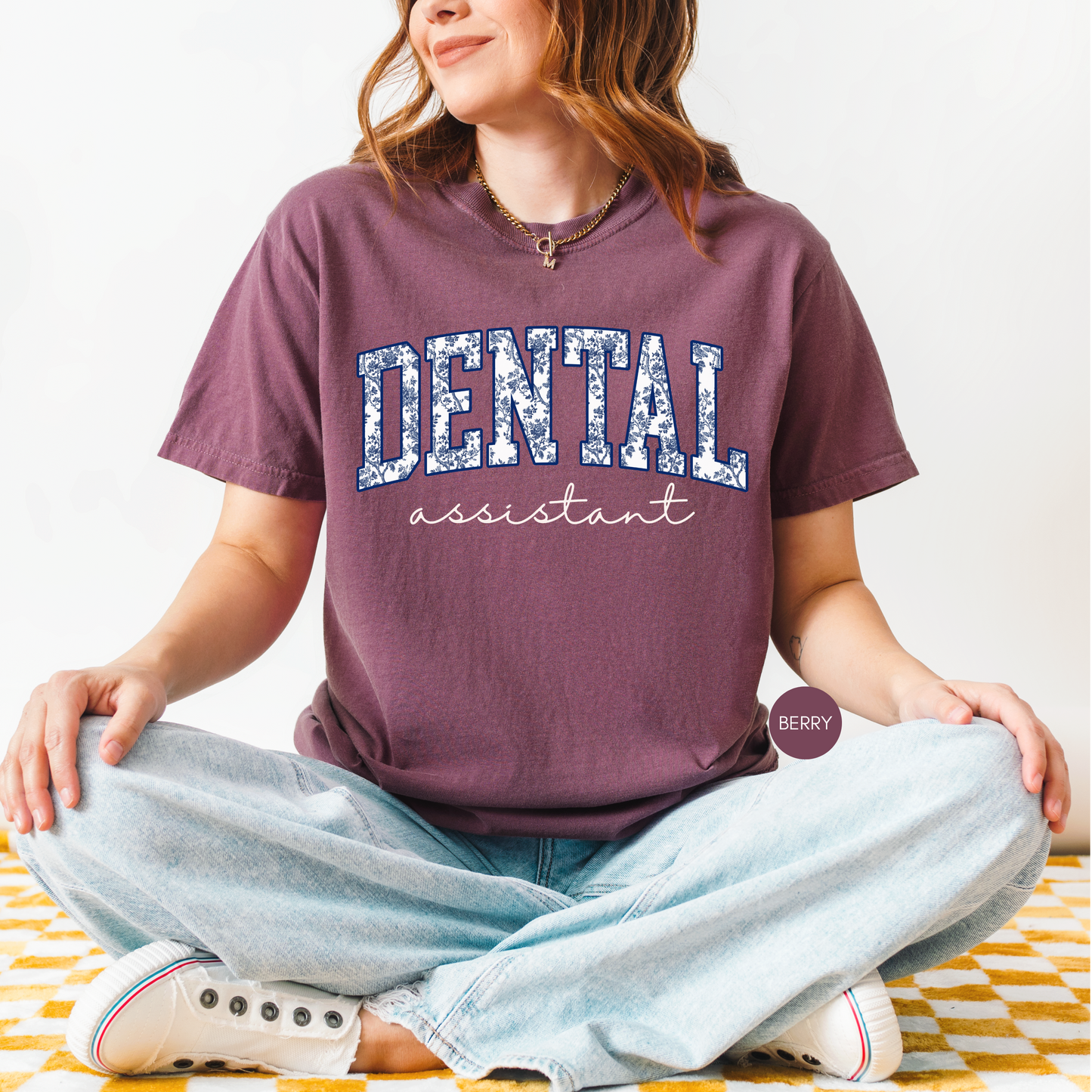 Dental Assistant Shirt – Cute Dental Office Tee for Women – Navy Collegiate Style