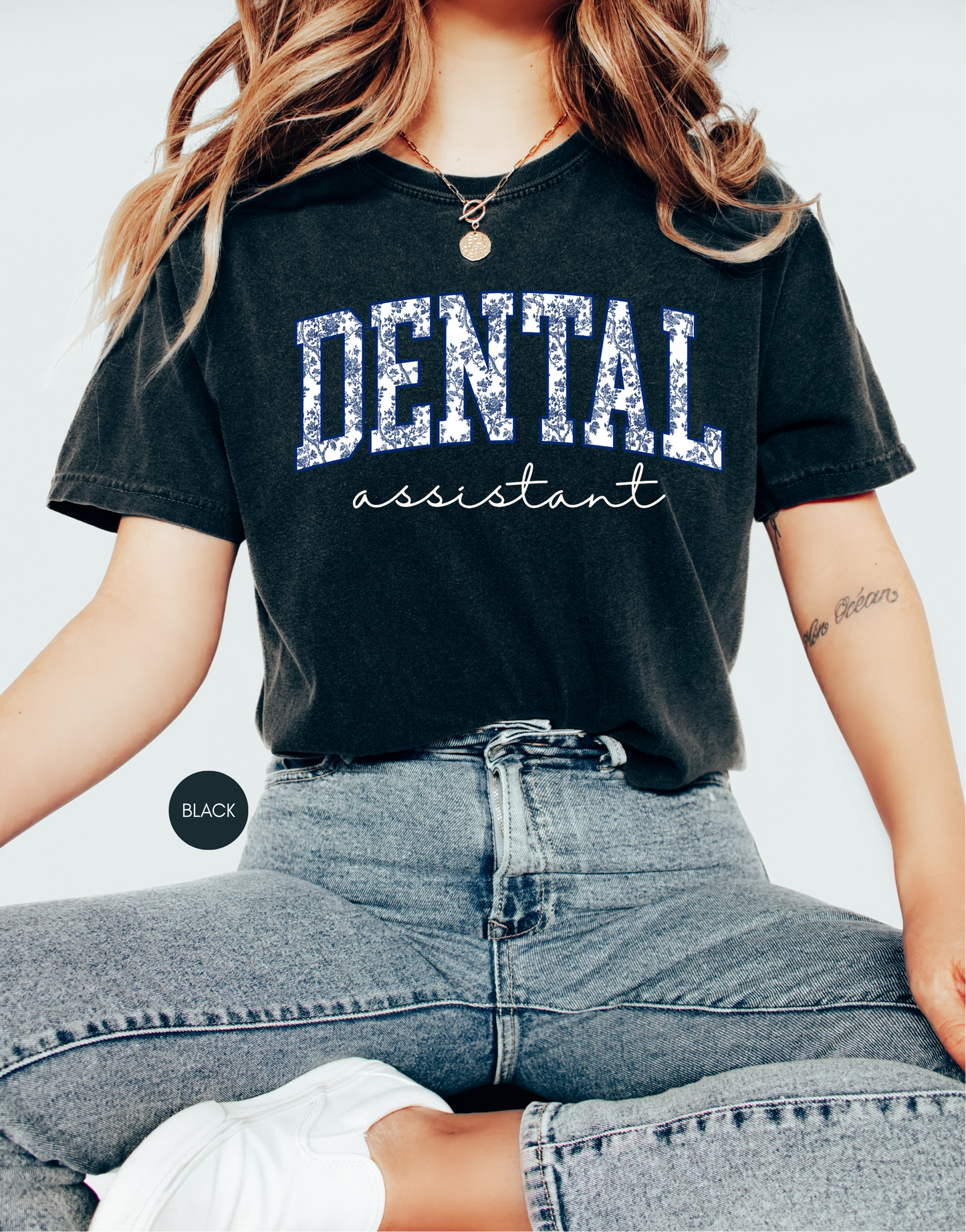 Dental Assistant Shirt – Cute Dental Office Tee for Women – Navy Collegiate Style