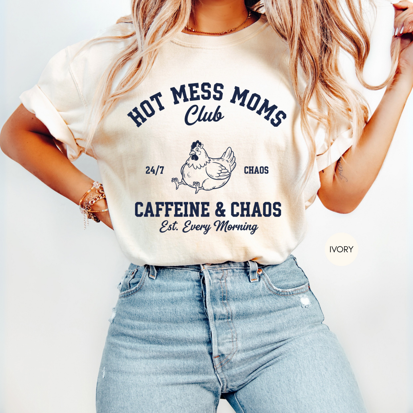 Espresso Hot Mess Moms Club shirt with hen illustration and Caffeine & Chaos slogan