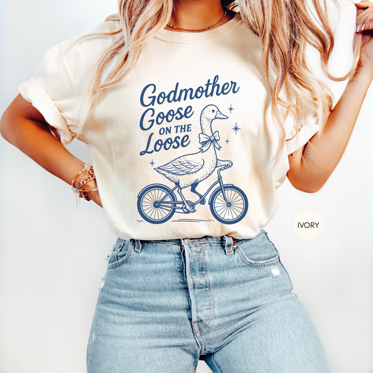 Godmother Goose on the Loose graphic shirt in ivory color with vintage goose illustration