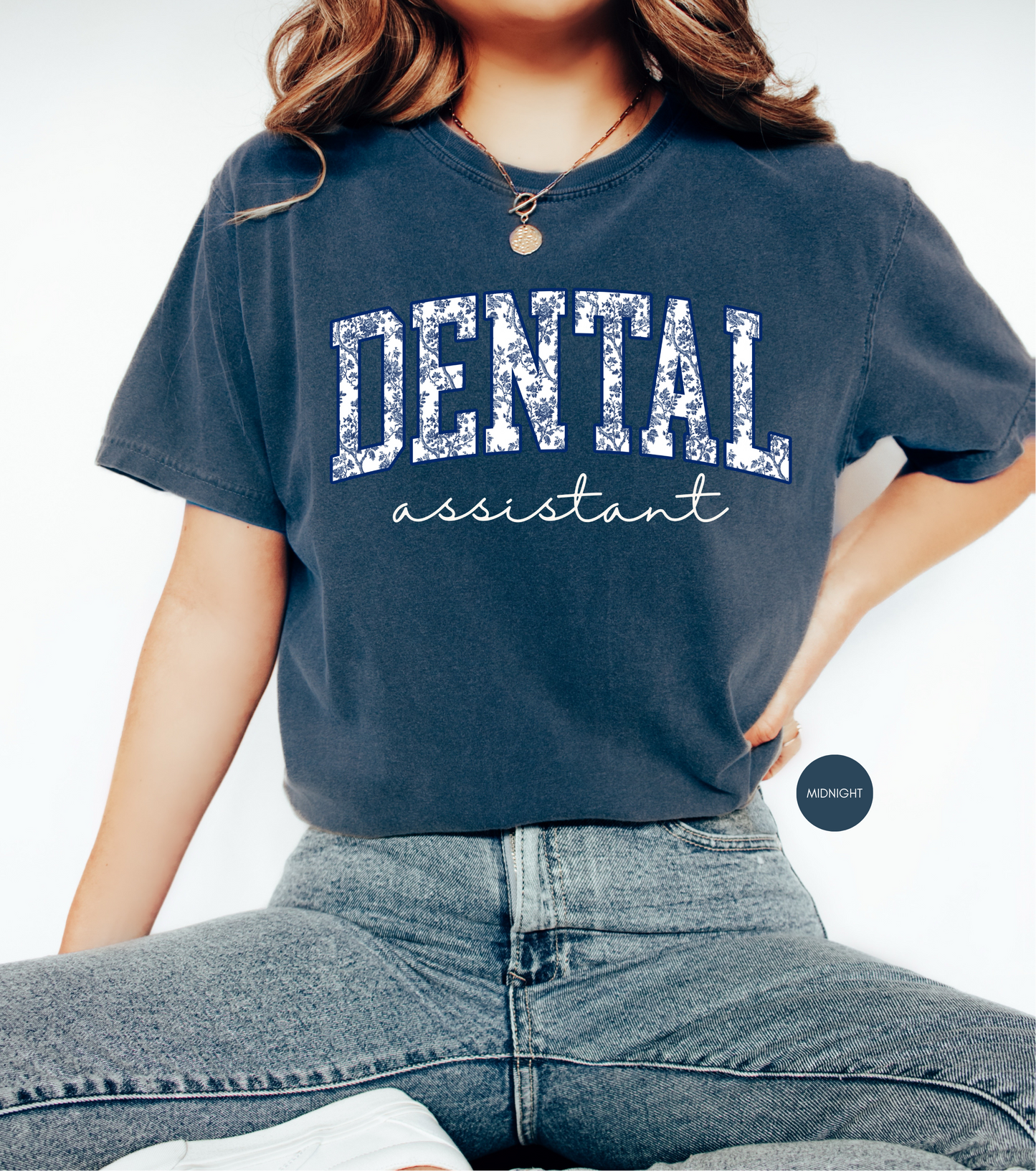 Dental Assistant Shirt – Cute Dental Office Tee for Women – Navy Collegiate Style