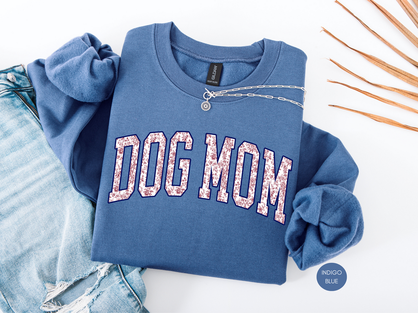 Dog Mom Floral Varsity Sweatshirt – Indigo Blue Cozy Crewneck for Pet Lovers