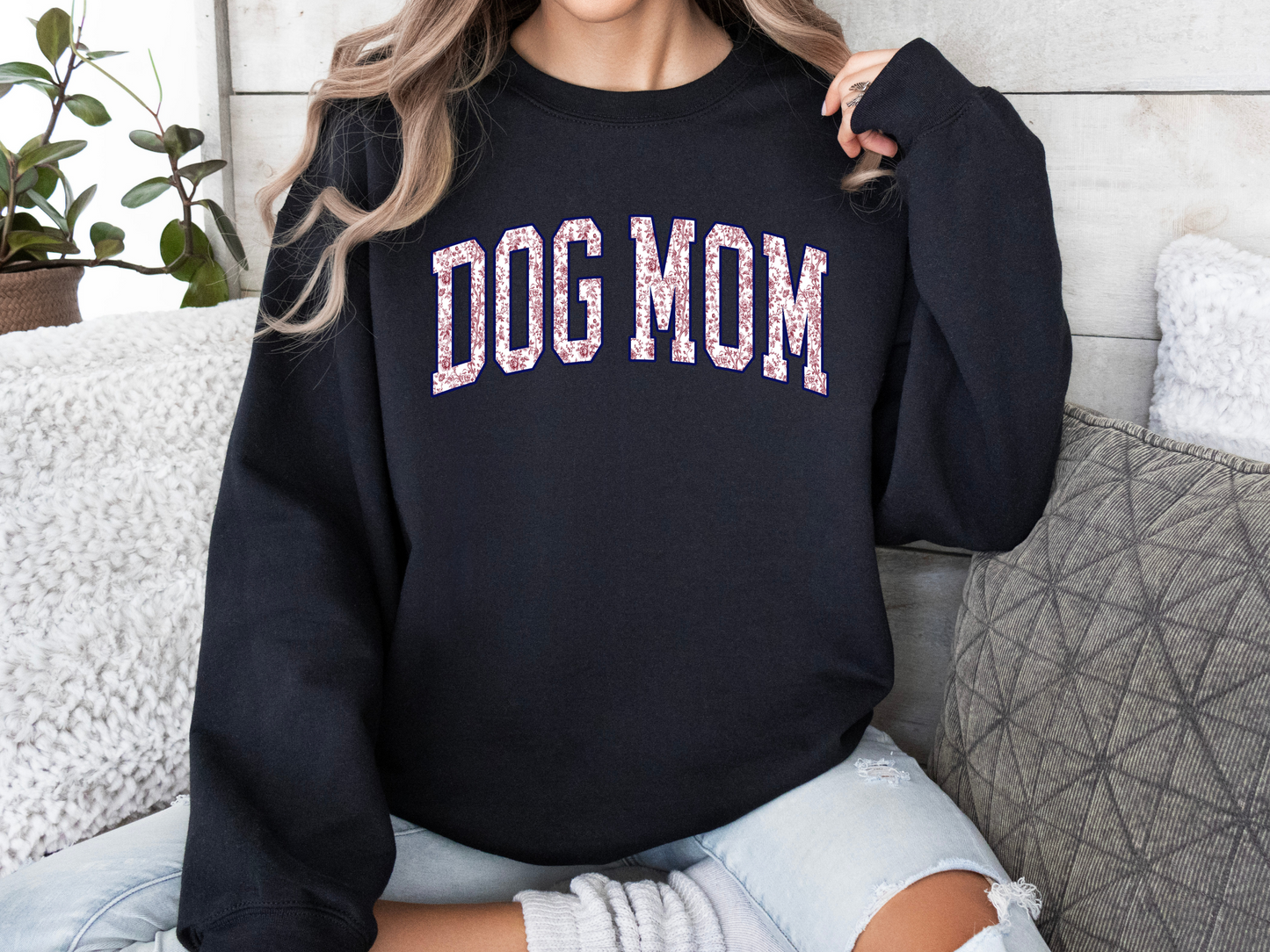 Dog Mom Floral Varsity Sweatshirt – Indigo Blue Cozy Crewneck for Pet Lovers
