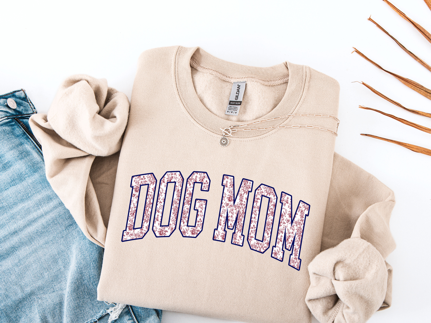 Dog Mom Floral Varsity Sweatshirt – Indigo Blue Cozy Crewneck for Pet Lovers