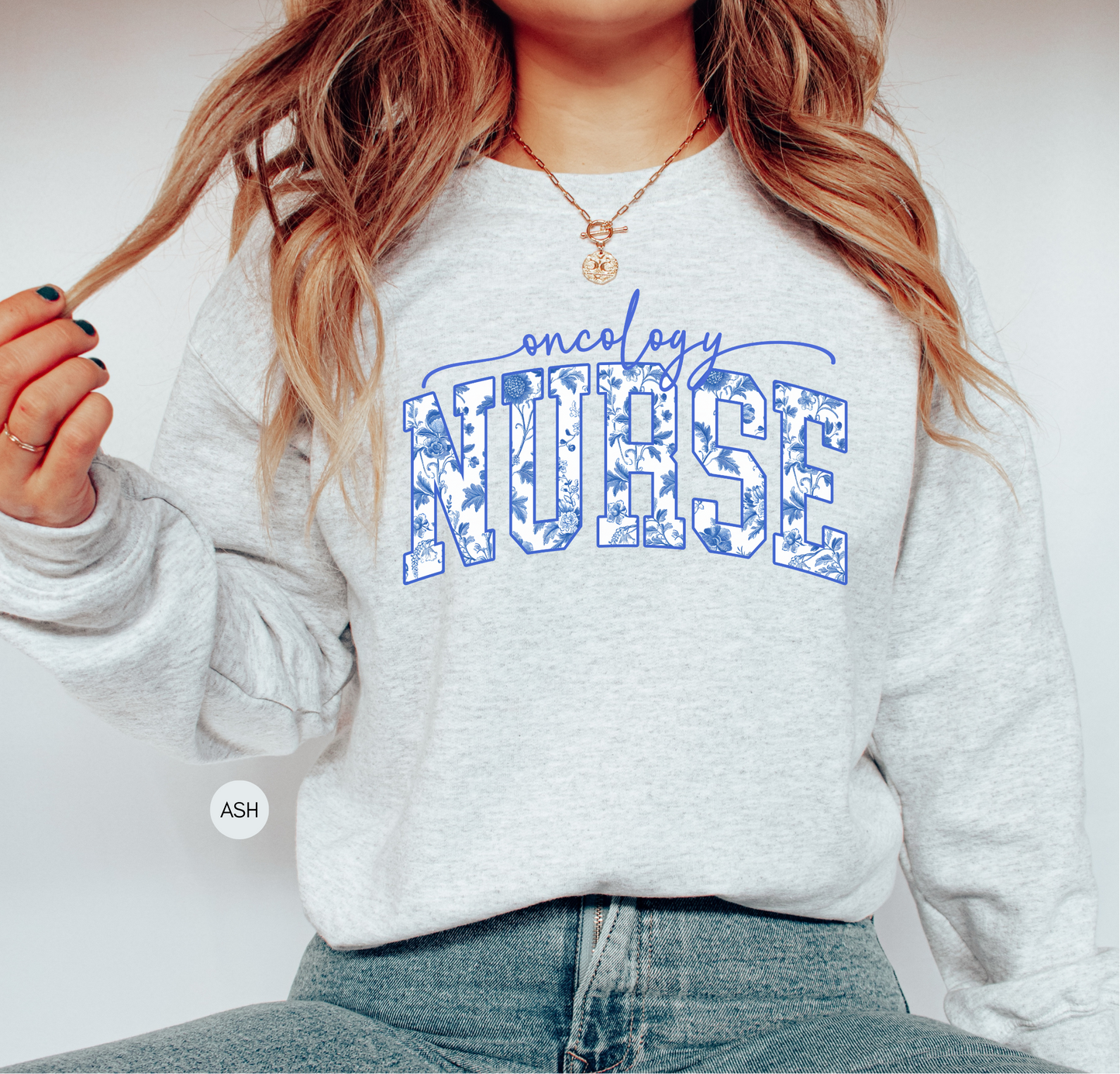 Blue toile oncology nurse sweatshirt navy lifestyle mockup