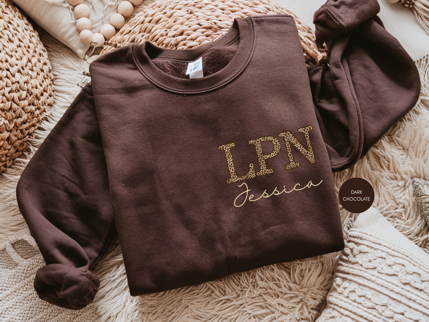 Personalized LPN leopard sweatshirt in dark chocolate color with custom name, cozy nurse crewneck gift