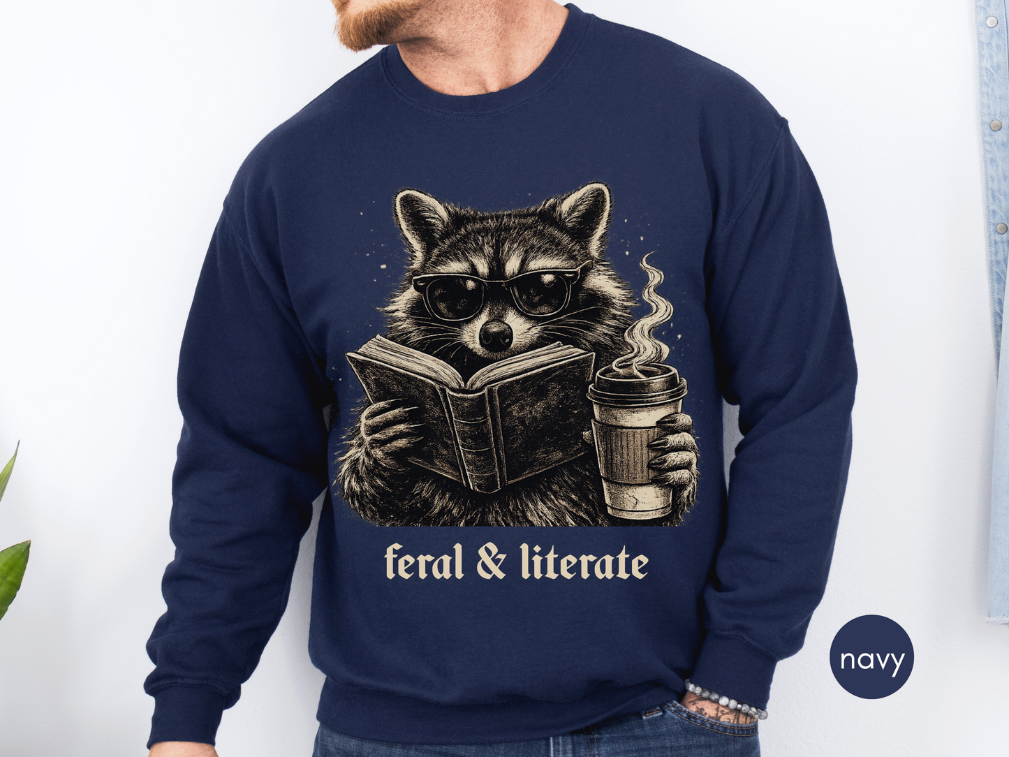 Feral & Literate Raccoon Sweatshirt | Book Lover Crewneck
