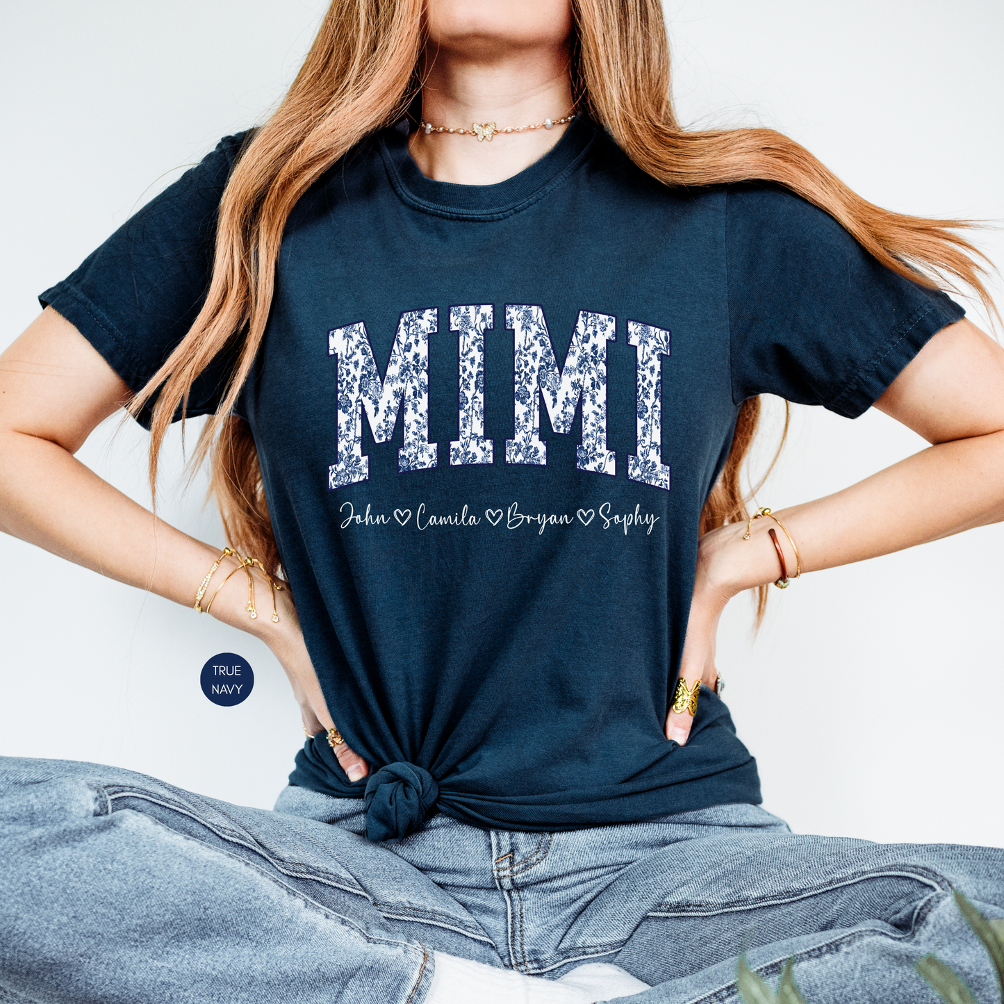 Personalized Mimi Blue Toile Shirt with Names – Custom Grandma Gift
