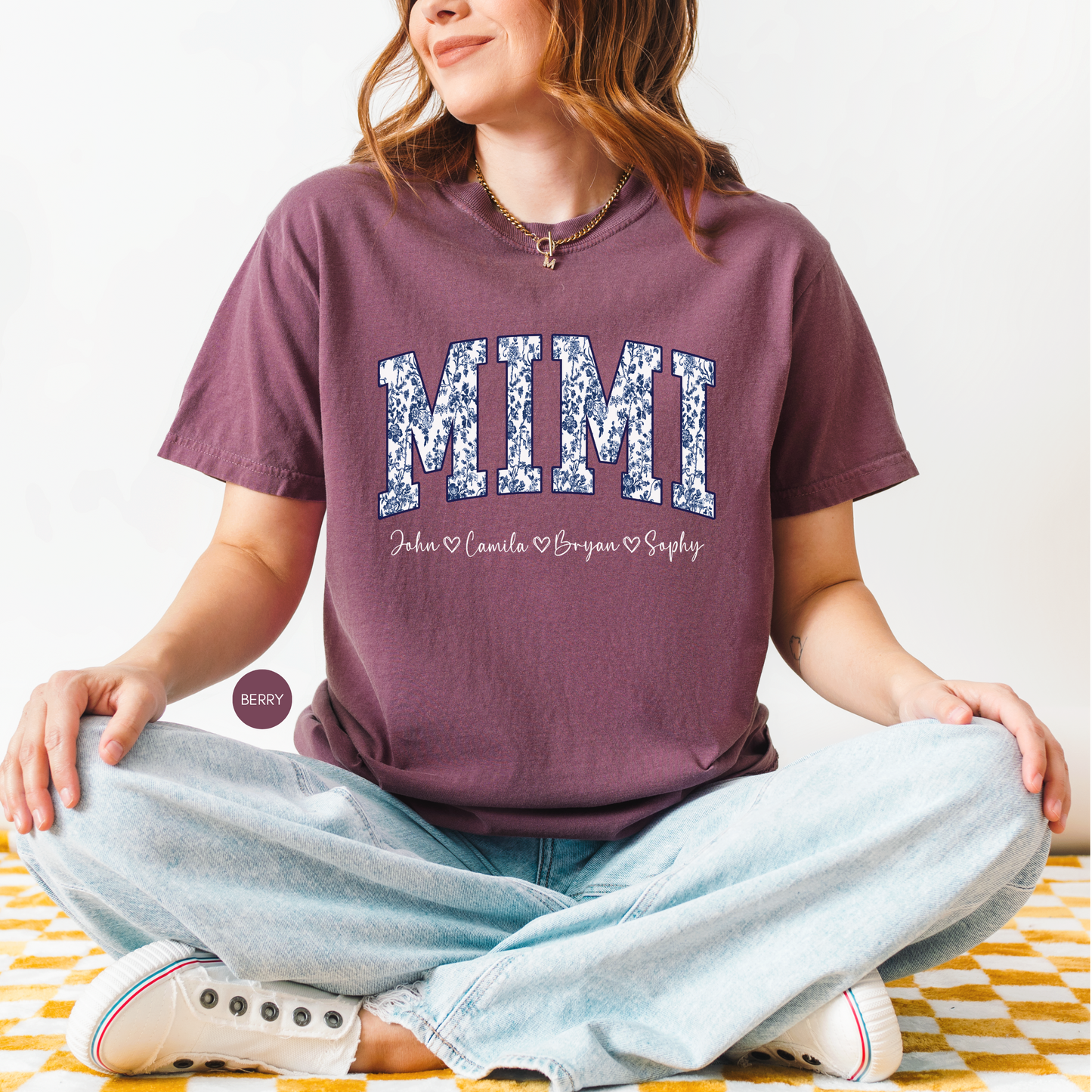 Personalized Mimi Blue Toile Shirt with Names – Custom Grandma Gift