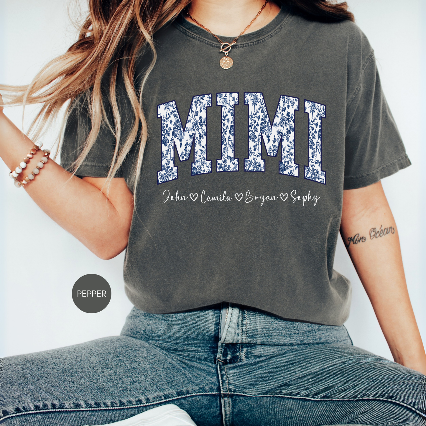 Personalized Mimi Blue Toile Shirt with Names – Custom Grandma Gift